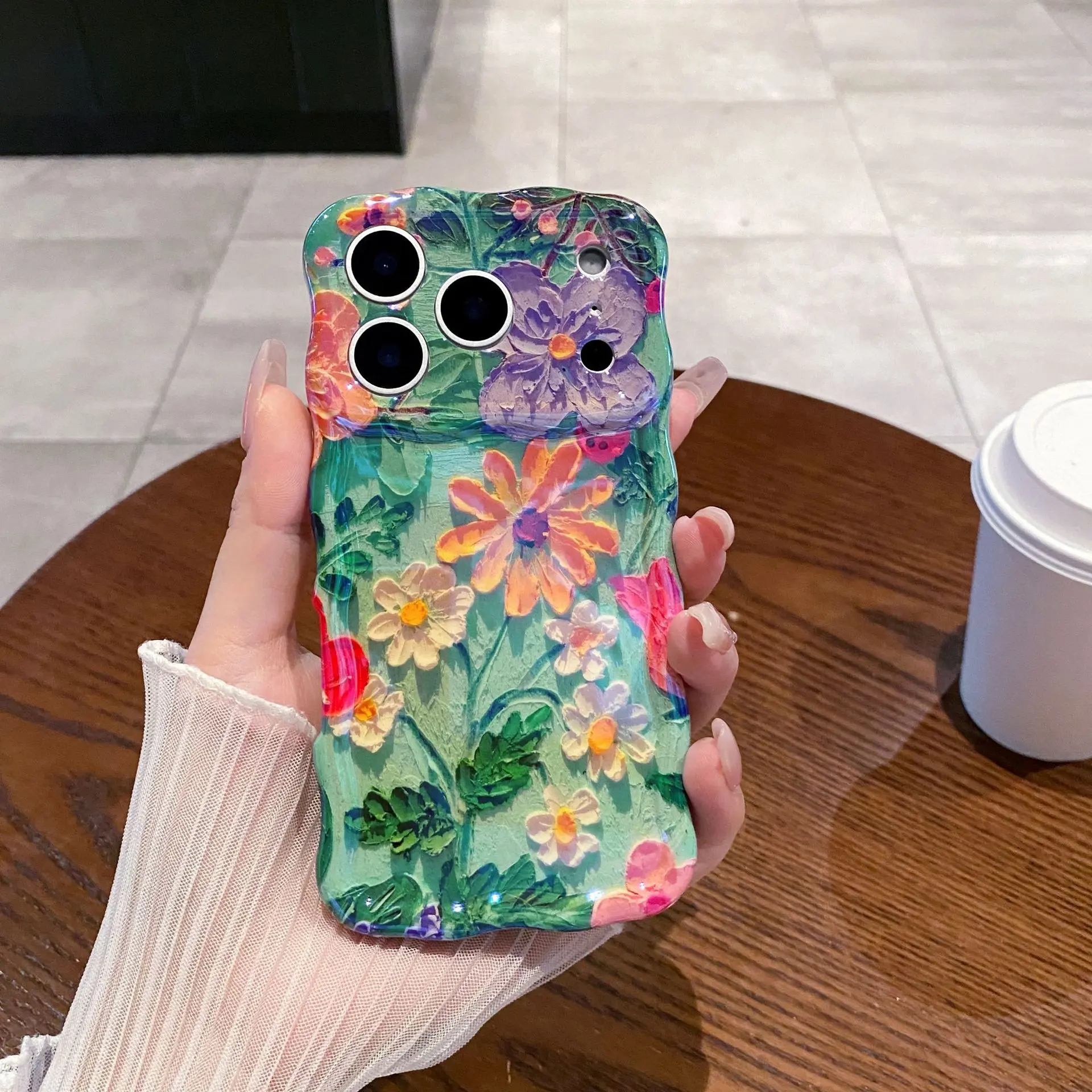 Compatible with iPhone 14/15/16 Pro/17 Pro Max | Vintage Oil Art Flower Case, Curly Wavy Twist Border Anti-Drop Cover HNZ0250