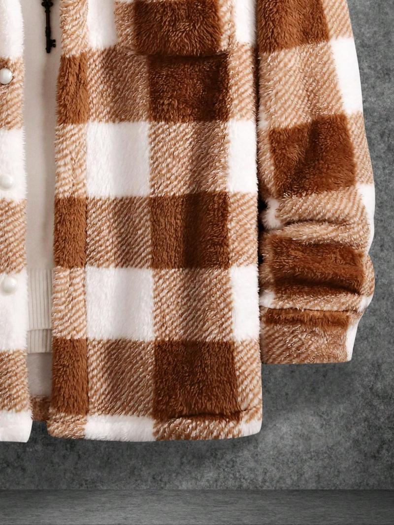 Men's Plaid Pattern Button Front Plush Jacket, Casual Drop Shoulder Long Sleeve Outerwear for Fall & Winter, Men's Clothes for Daily Wear, Coats