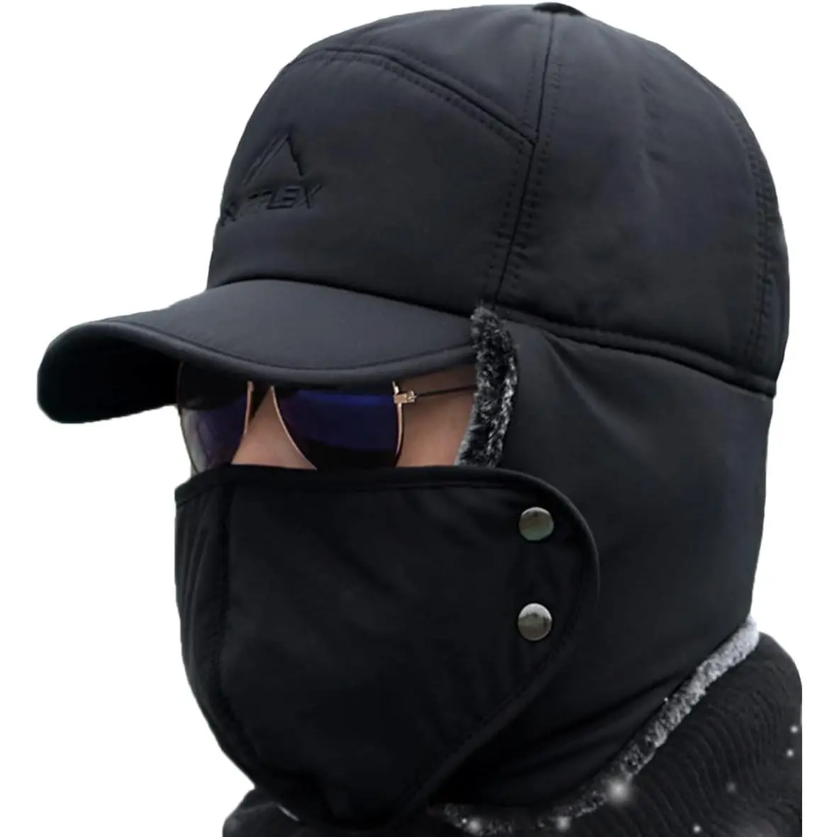 Winter 3 in 1 Thermal Fur Lined Trapper Hat with Ear Flap Full Face Warmer Cover Windproof Cycling Motorcycle Headwear