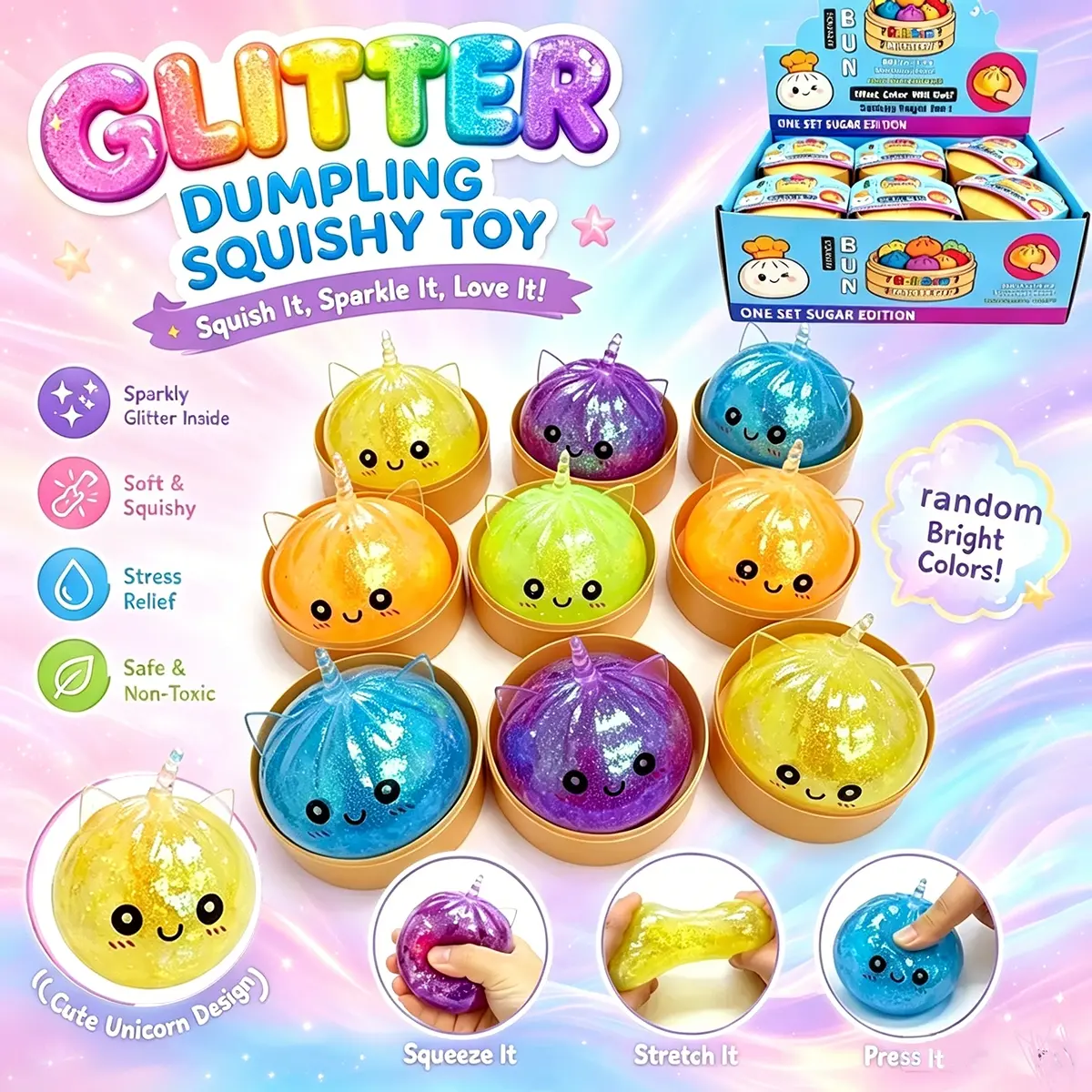 12pcs - Unicorn Dumpling Pinching Toy, Shining Dumpling Stress Relieving Fingertip Gyro, Soft TPR Squeezing Toy, Cute Kawaii Bun Desktop Decoration, Adult and Adolescent Anxiety Relieving Toy