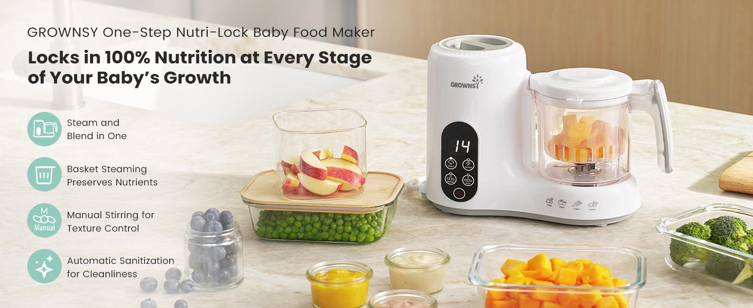 Grownsy 1-Step Baby Food Maker – BPA-Free Blender with Large Bowl, Steam Basket, Auto Cooking, Grinding, Sterilizing & Auto Pause for Homemade Healthy Baby Food
