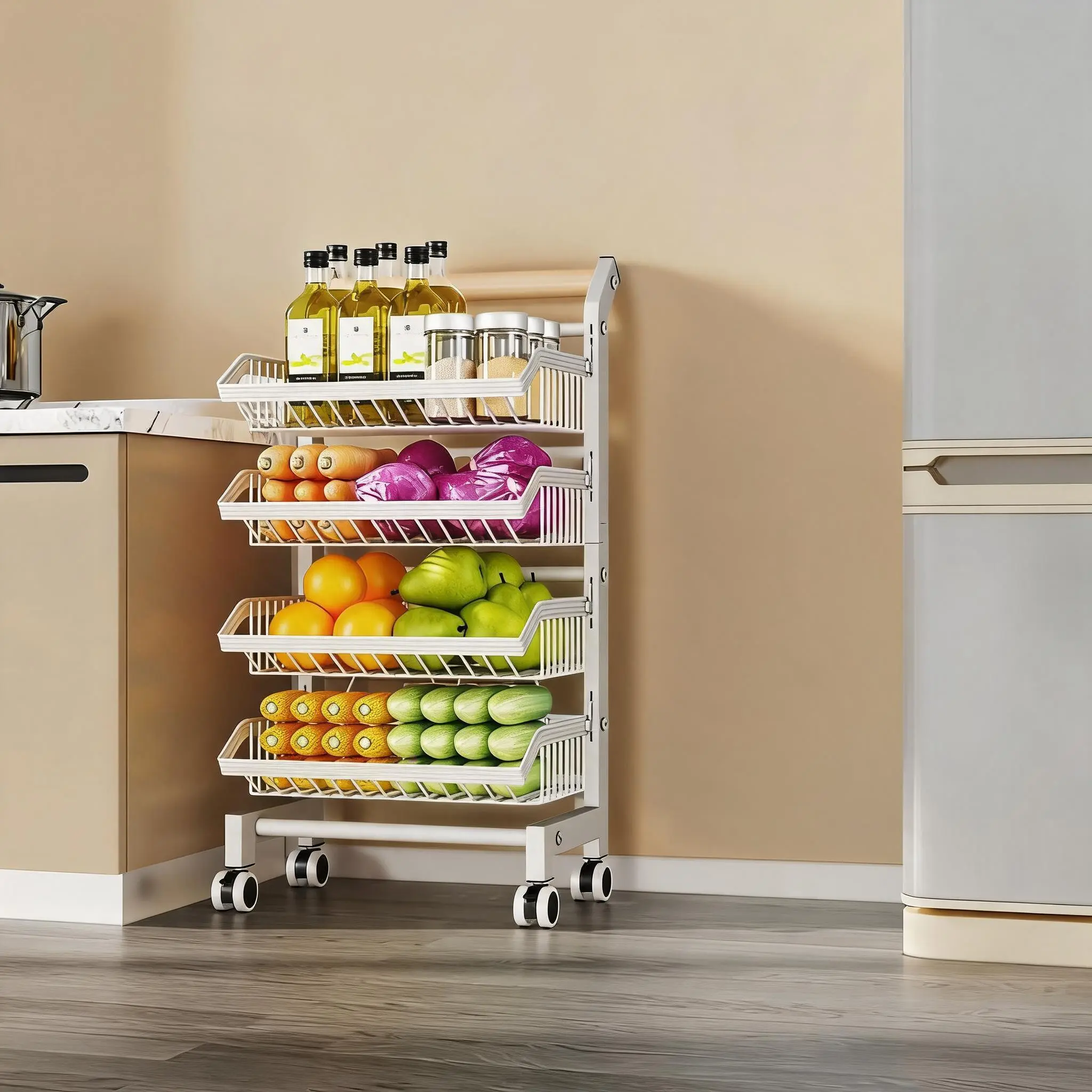 3-Tier Kitchen Vegetable Storage Rack, Carbon Steel Rolling Trolley with Lockable Wheels & Wood Handle, Slim Fruit Basket for Pantry & Bath