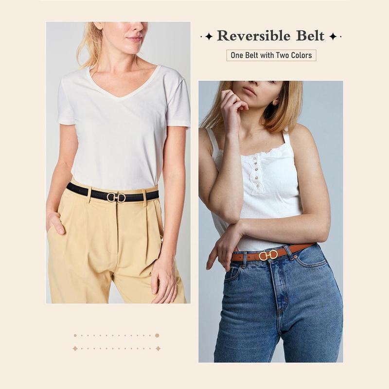 AWAYTR Reversible Women Fashion Thin Belt Two Sided and Two Colored Elegant PU Leather Tight Waist Belt with Gold Buckle Vintage Two-in-One Jeans Dress Long Coats Belts Lady Accessories