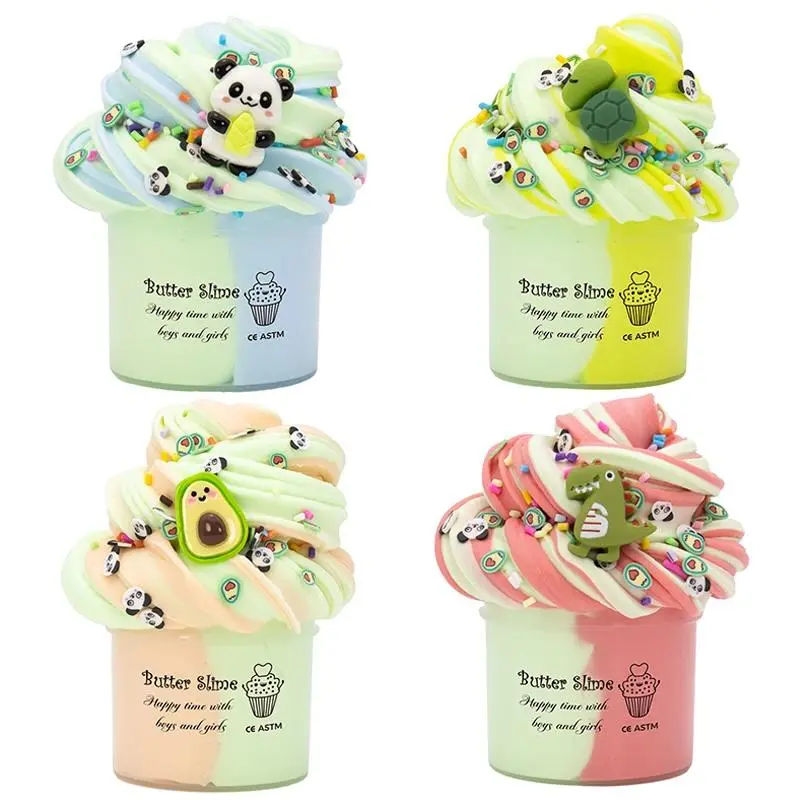 70ml Butter Fluffy Slime Kit - Non-Sticky Super Soft Polymer Clay Toy with Tortoise, Panda, Dinosaur Decorations, Stress Relief Birthday Gift for Kids, Unisex