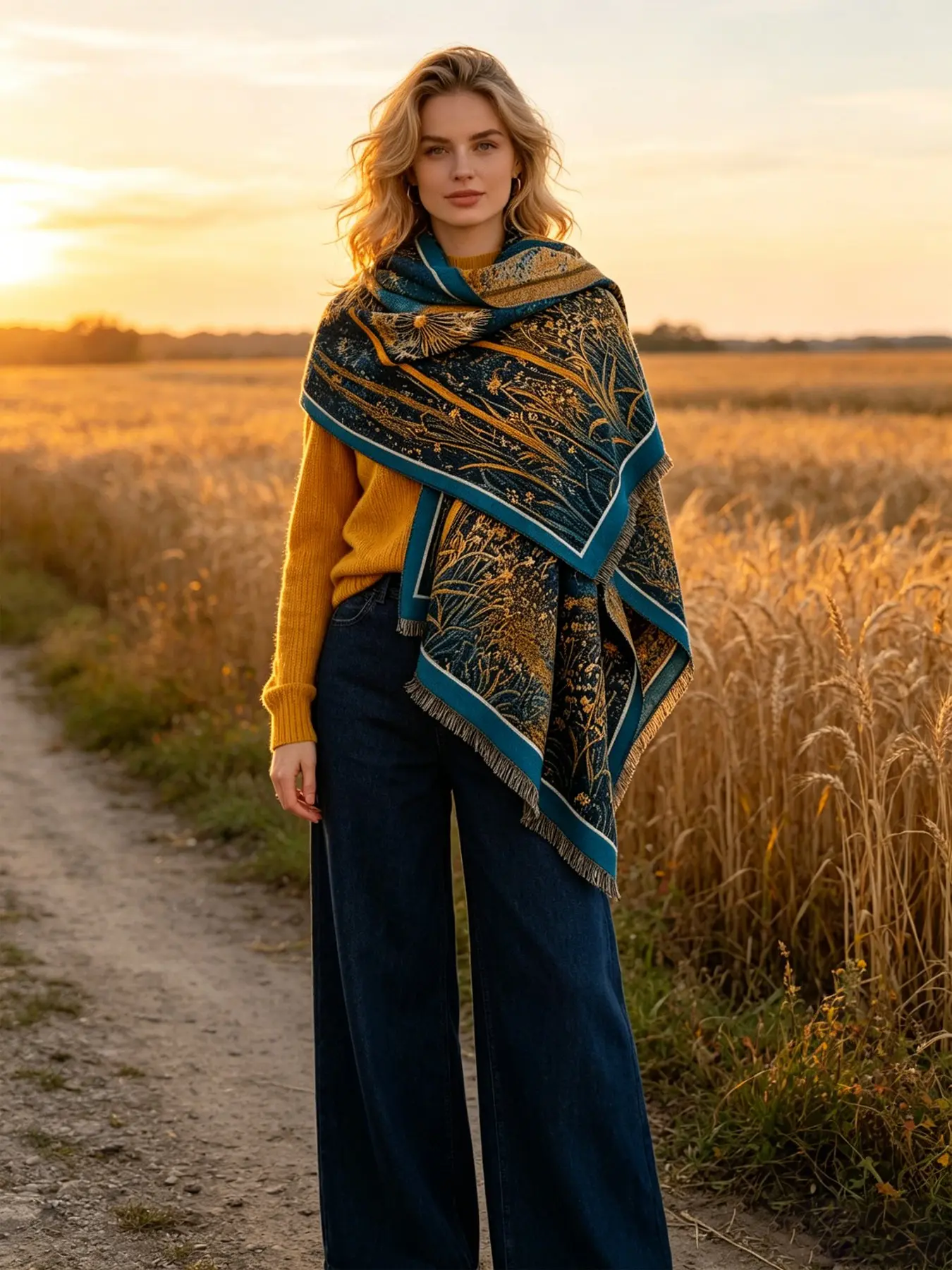 Vintage Botanical Jacquard Scarf, Warm & Shawl, Perfect for Fall Winter, Holiday Party, Christmas Gift