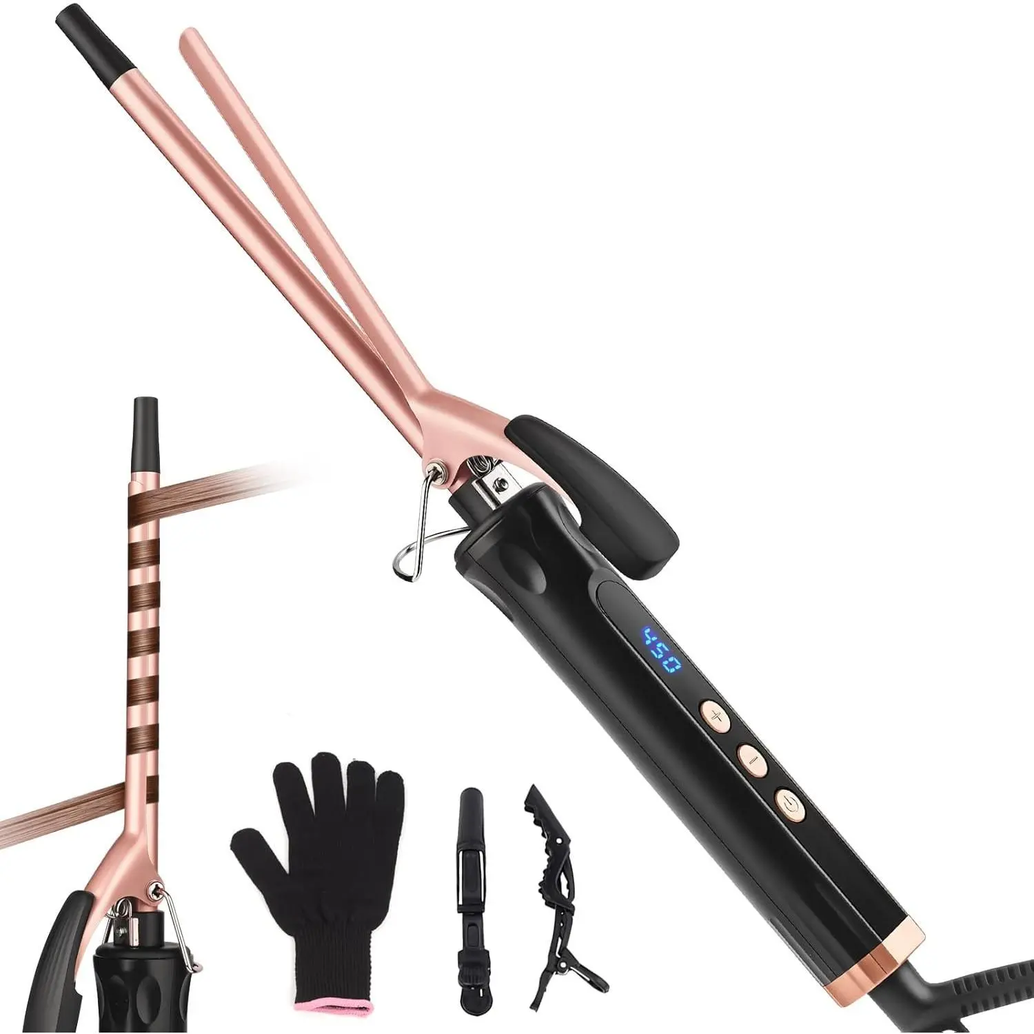 Ceramic Curling Iron - 9mm (3/8 in) Thin Barrel Wand for Women, Hair Styling Appliance with Adjust Temp, Dual Voltage & Heat-Resistant Glove Included