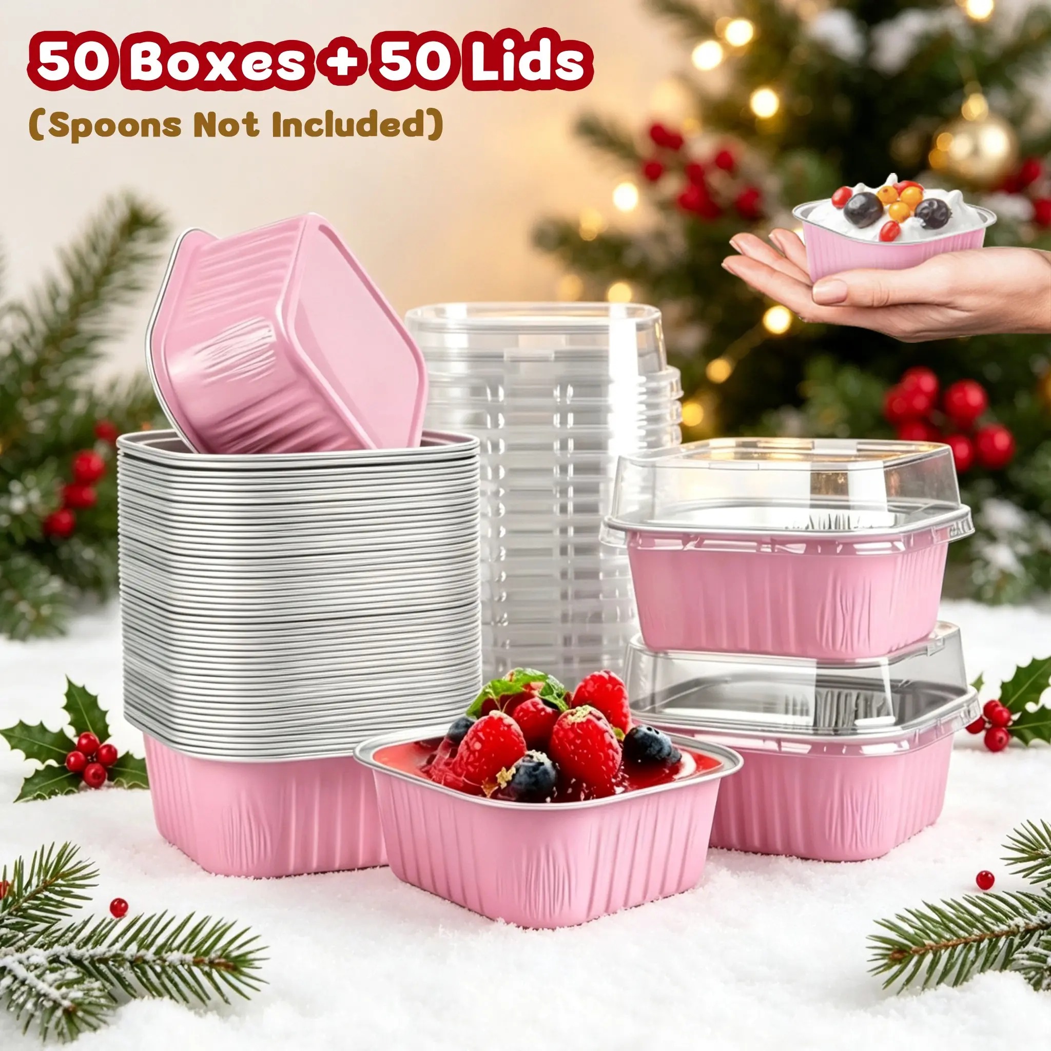 50 Pack Disposable Square Aluminum Foil Baking Cups with Lids, 5oz Mini Cake Muffin Containers, Available in 5 Colors, Must-Have Dessert Boxes, Baking Essentials for Weddings, Birthdays, Thanksgiving, Christmas & All Holiday Parties, Baking Supplies