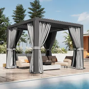 Aoxun 10x10 All-Aluminum Louvered Pergola, Outdoor Gazebo with Independent Adjustable Roofs, Waterproof Curtains, Netting, Integrated Drainage System for Patios, Backyards, Gazebo Outdoor Patio