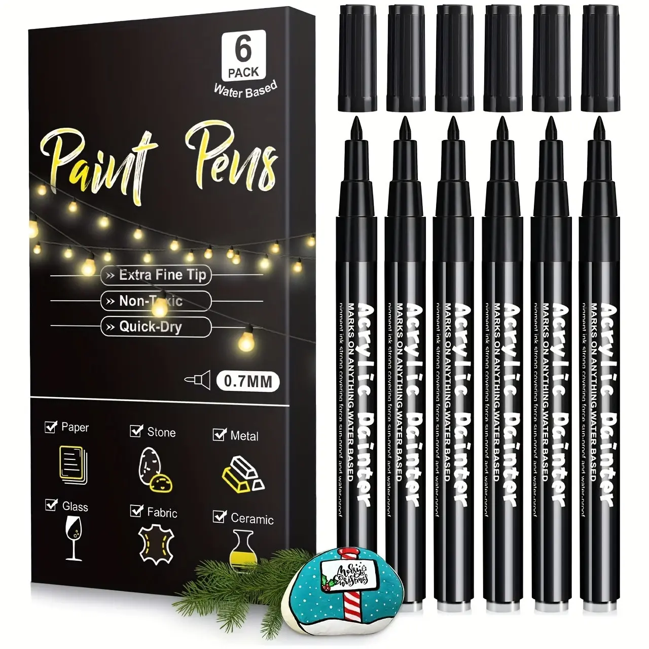 6 Pack Black Acrylic Paint Pens, 0.7mm Extra Fine Tip Water Based Marker, Non-Toxic Quick Dry Waterproof Markers for Stone Ceramic Glass Fabric Metal Paper DIY Drawing, for Beginners & Artists
