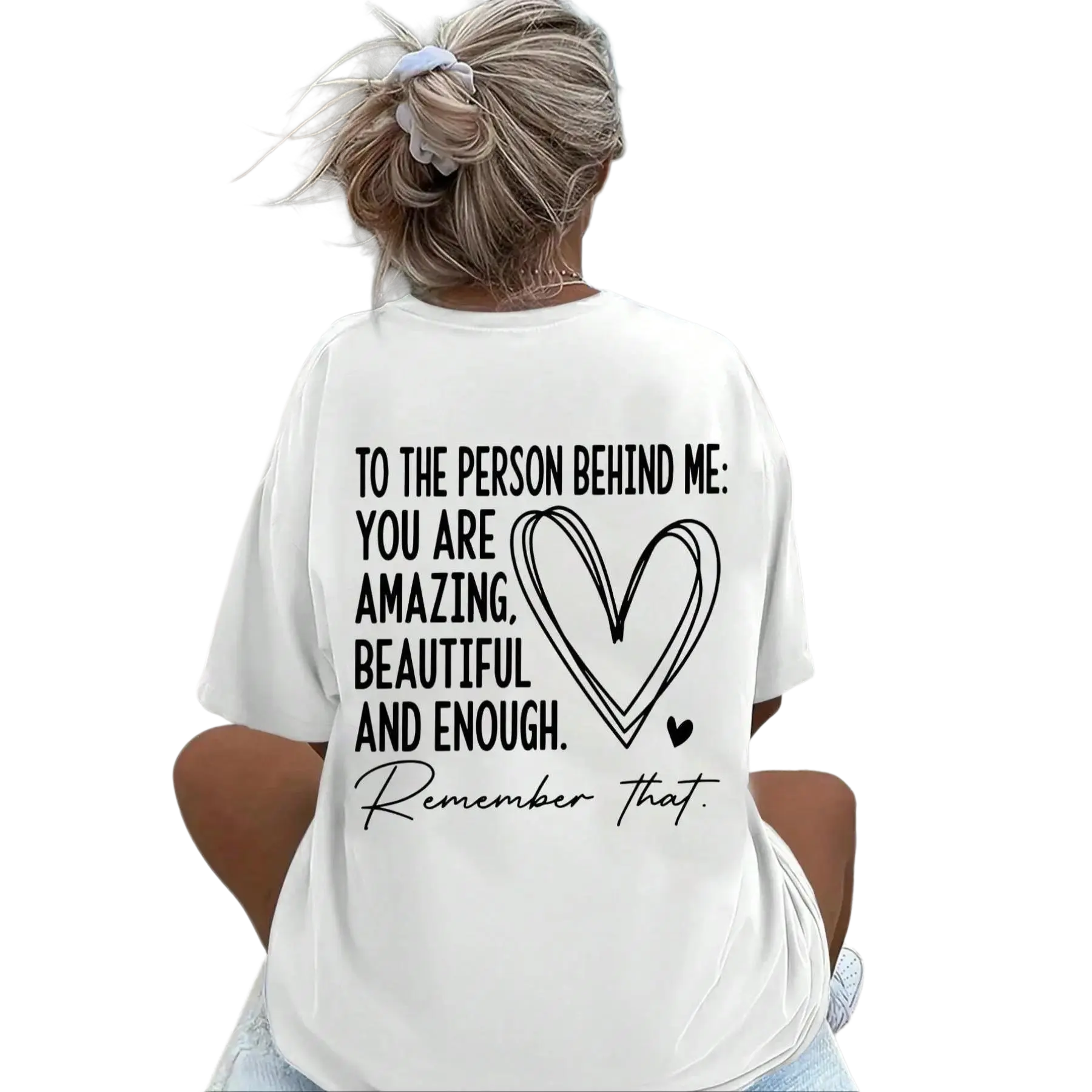 Women's High-Quality Fabric Letter & Heart Printed Text All Over Print Fitted Round Neck Tee, Casual Half-Sleeve Drop Shoulder Boho Slogan Faith-Based Plus Size Top for Everyday Wear, Summer 2026 Outfits