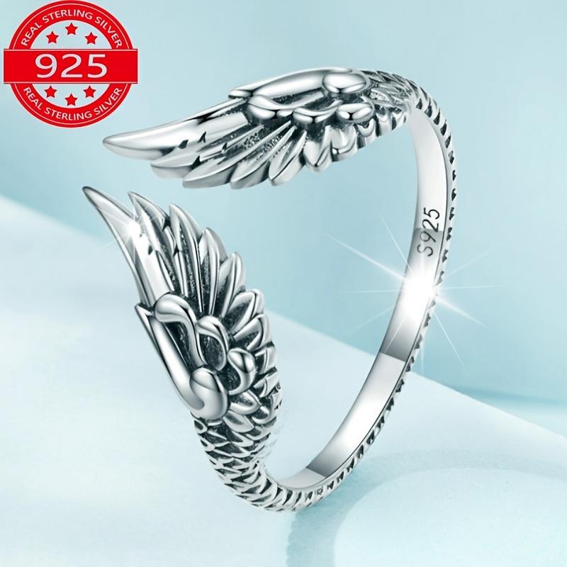 S925 Sterling Silver - Wings Open Ring - Simple Retro Guardian Feather - Finger Ring Hand Jewelry - 1pc