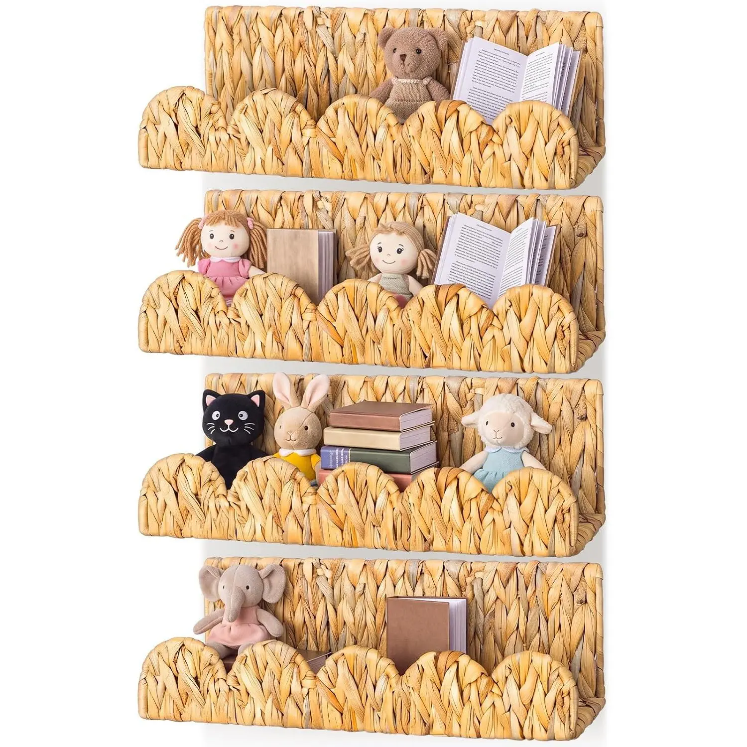 4 Pcs Scalloped Nursery Book Shelves 16 Inch Water Hyacinth Rattan Floating Shelves for Wall Rattan Scalloped Book Shelf Boho Wicker Bookshelf Wall for Bedroom Nursery Decor and Storage