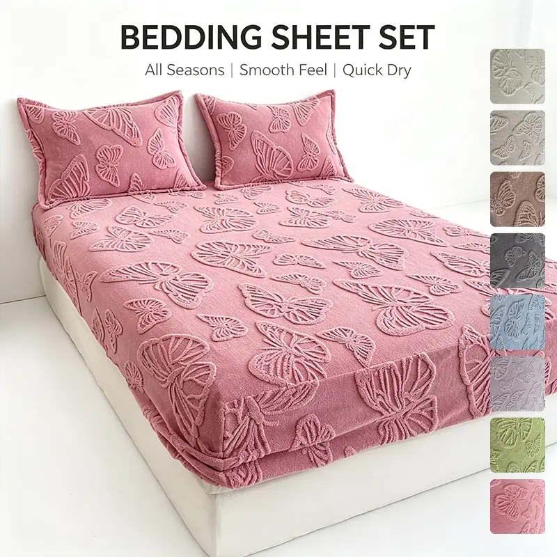 Household Butterfly Jacquard Plush Fitted Sheet Set, Butterfly Textured Bed Cover with Matching Pillow Shams, Easy Care, Multiple Colors, Practical Bedding for Fall Winter & Back‑to‑School Dorm Life