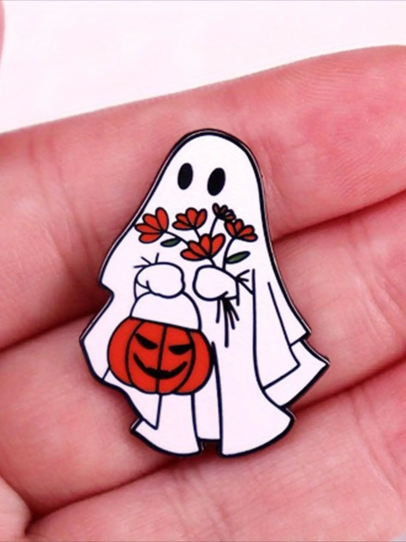Vintage Cute Ghost with Pumpkin & Flowers Brooch, Halloween Enamel Metal Pin, Fashion Lapel Pin, Women's Coat Scarf Bag Accessories, Spooky Daily Wear Brooch Pins