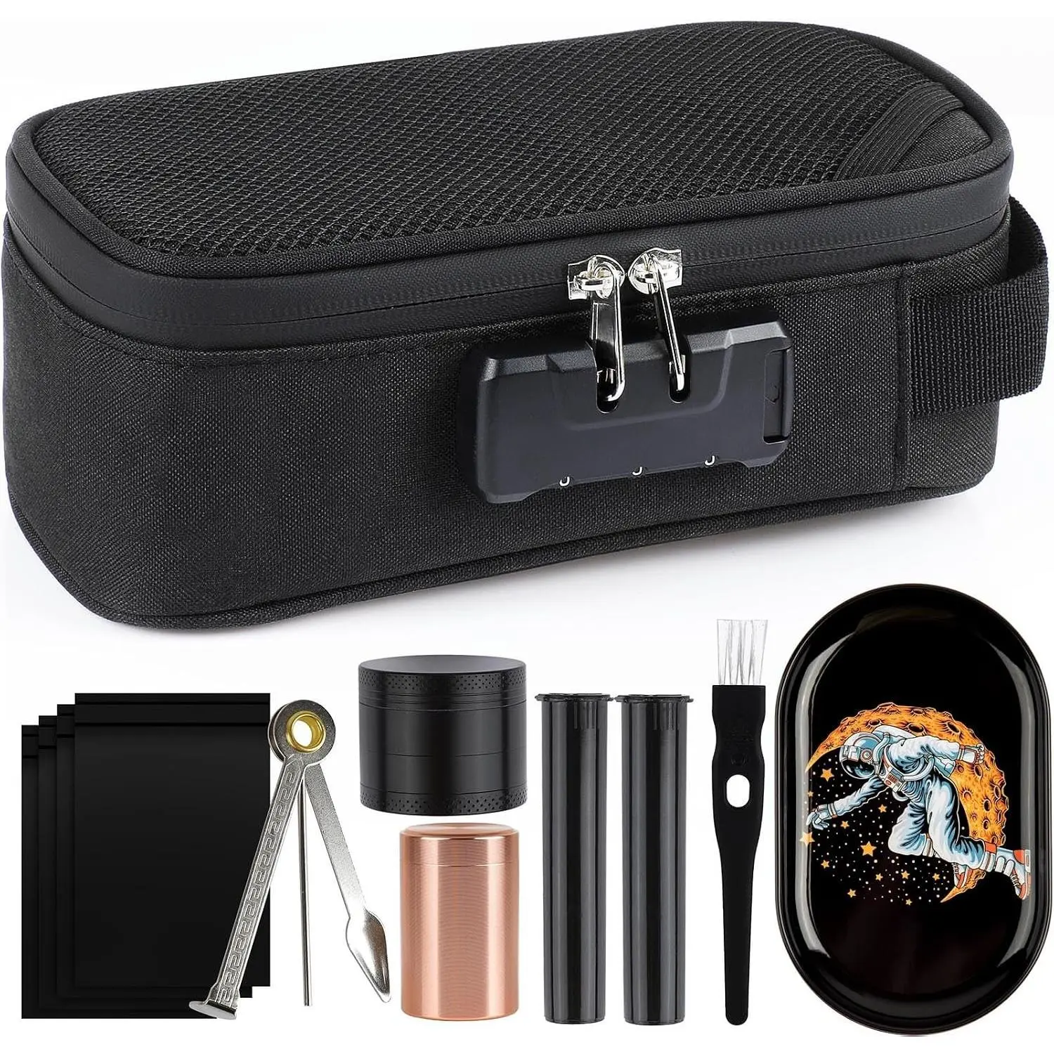 Large Smell Proof Pouch with 7 Small Items, Waterproof and Combination Lock, Portable Smell Proof Storage Case for Home and Travel