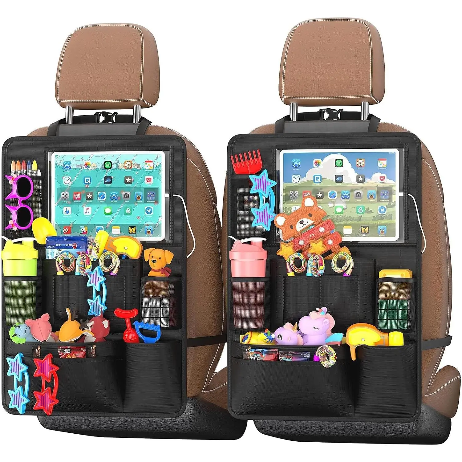 Backseat Car Organizer with Touch Screen,Kick Mats Back Seat Protector with 10 Storage Pockets,Car Seat Back Organizers Storage for Snacks Drinks Toy Umbrellas for Kids Road Trip