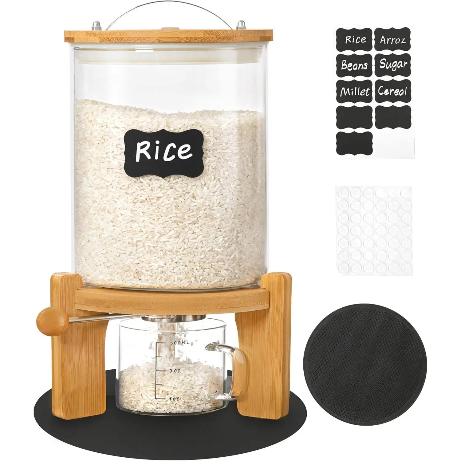 5-7 lbs Glass Rice Dispenser with Wooden Stand Flour and Cereal Container with Glass Measuring Cup & Labels & Slider mat Pantry Food Organization Storage Bin with Airtight Bamboo Lid, 3L