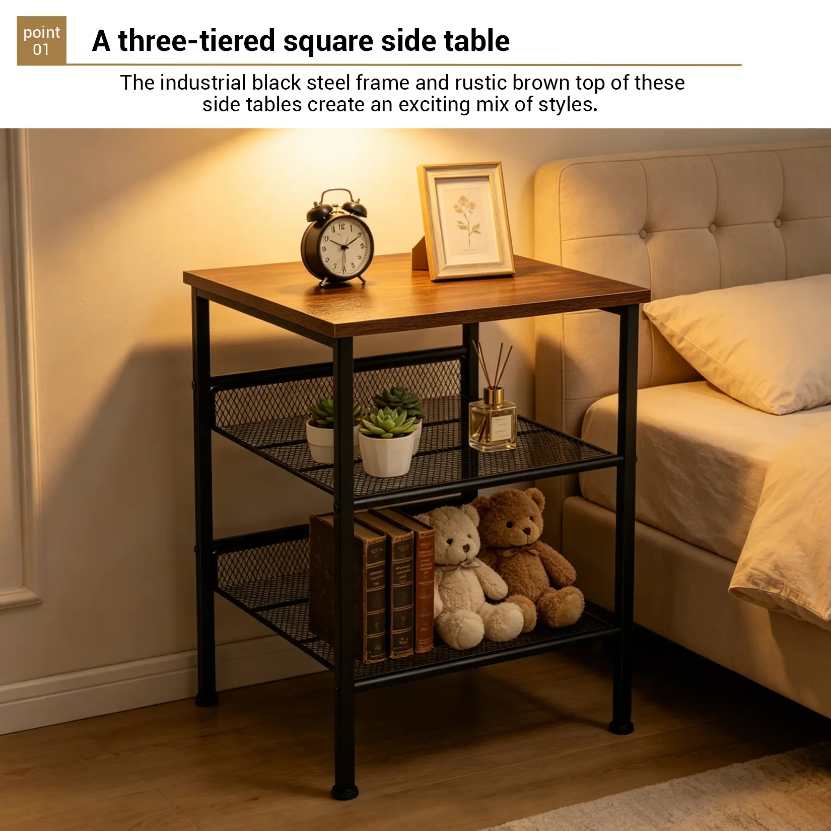 Garvee Industrial 3-Tier End Tables Set of 2 – Sturdy Metal Frame, Mesh Shelves, Space-Saving Square Design – Versatile Nightstands for Living Room or Bedroom – Rustic Vintage Finish, Side Table, Industrial Nightstand, Vintage Nightstand, Metal Side Table
