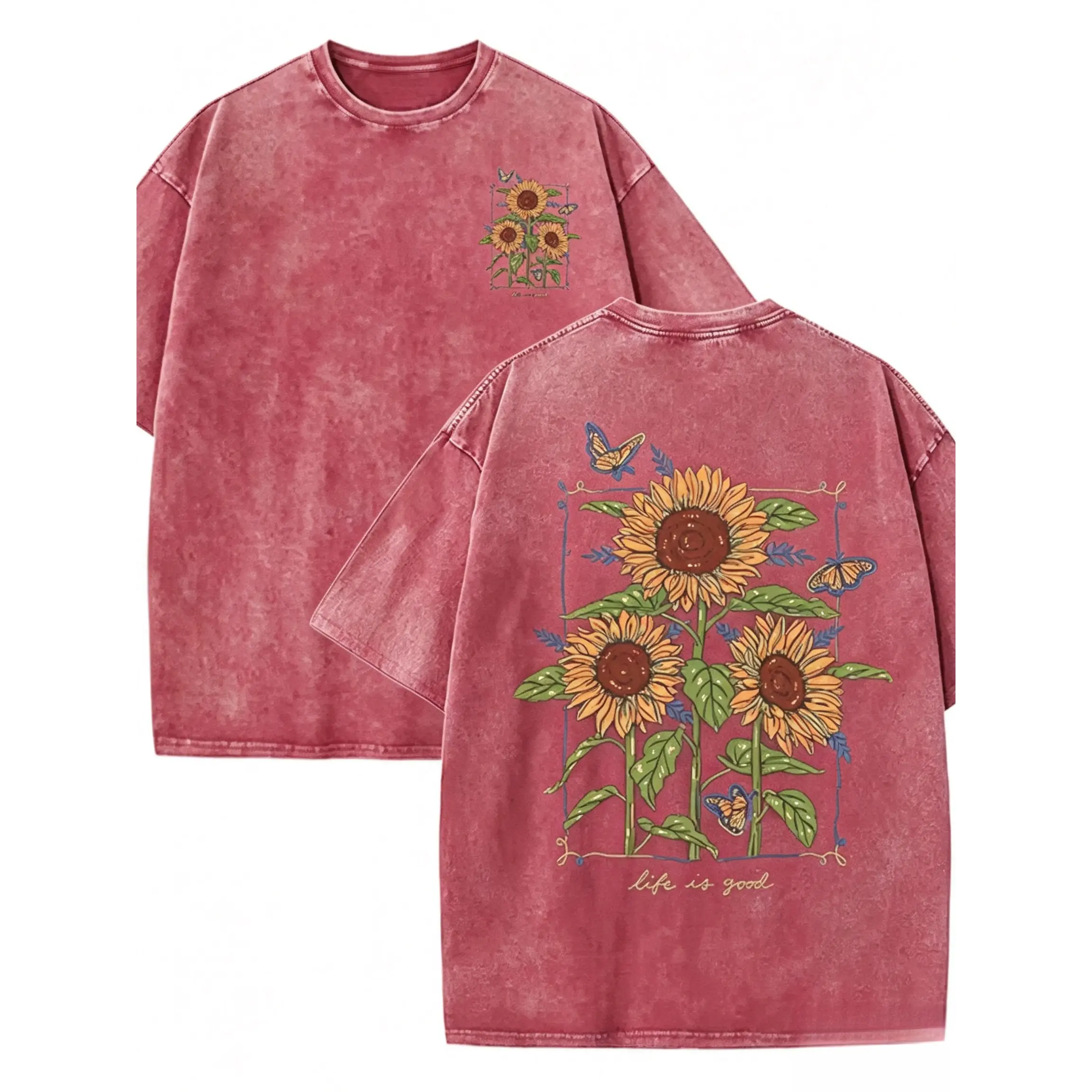 Sunflower themed vintage style Distressed T-shirt, Top, black base loose baggy American retro short sleeved, double-sided design, back with large sunflowers, hand drawn graffiti style, Casual, Print, Streetwear, Vibe