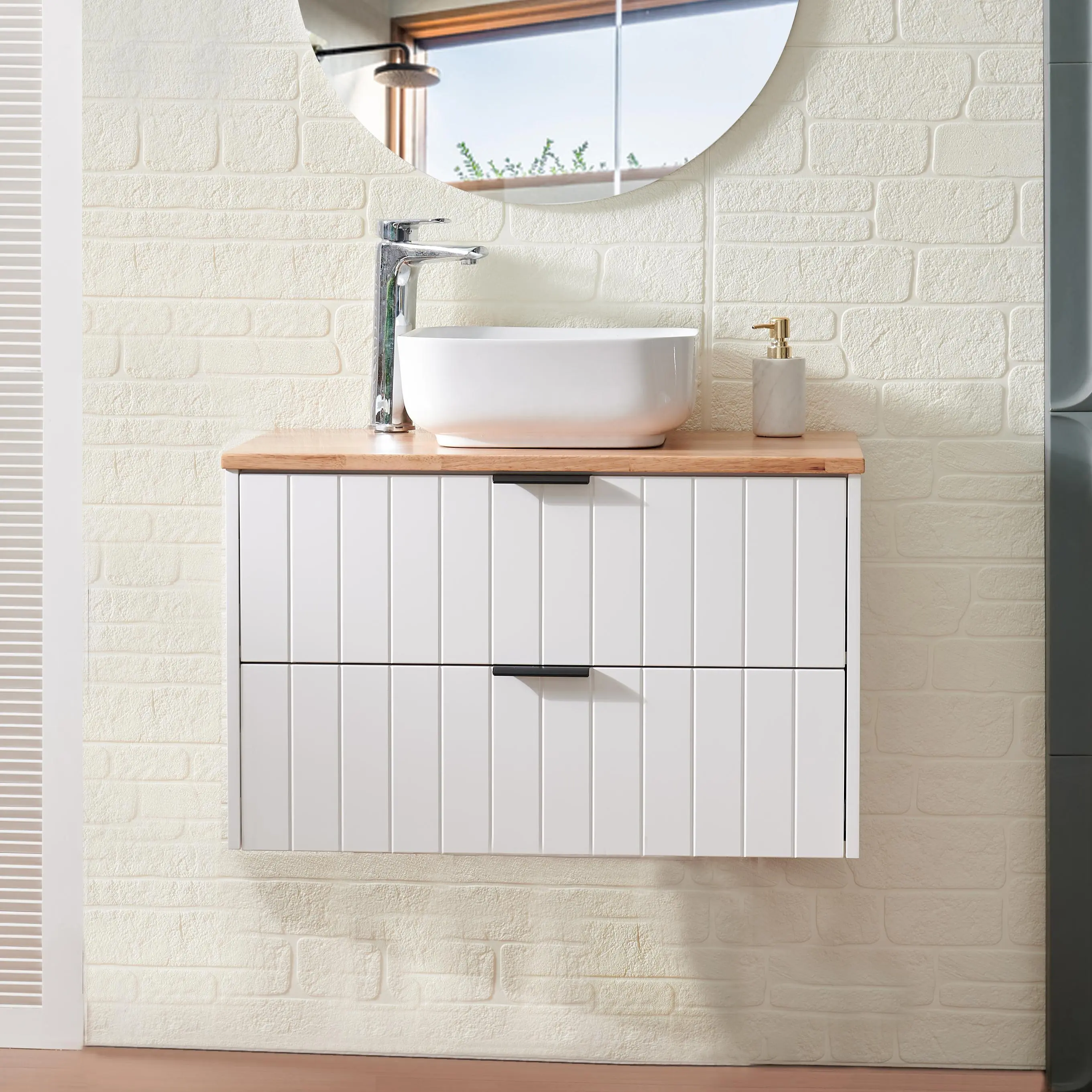 ARCH 32-Inch Wall-Mounted Bathroom Vanity with Double Drawers, Solid Wood Cabinet, White Finish, Natural Wood Top, Square Ceramic Sink, Modern Minimalist Design, Wall Mount Vanity for Bathroom Storage, Easy Installation, Multiple Color Options