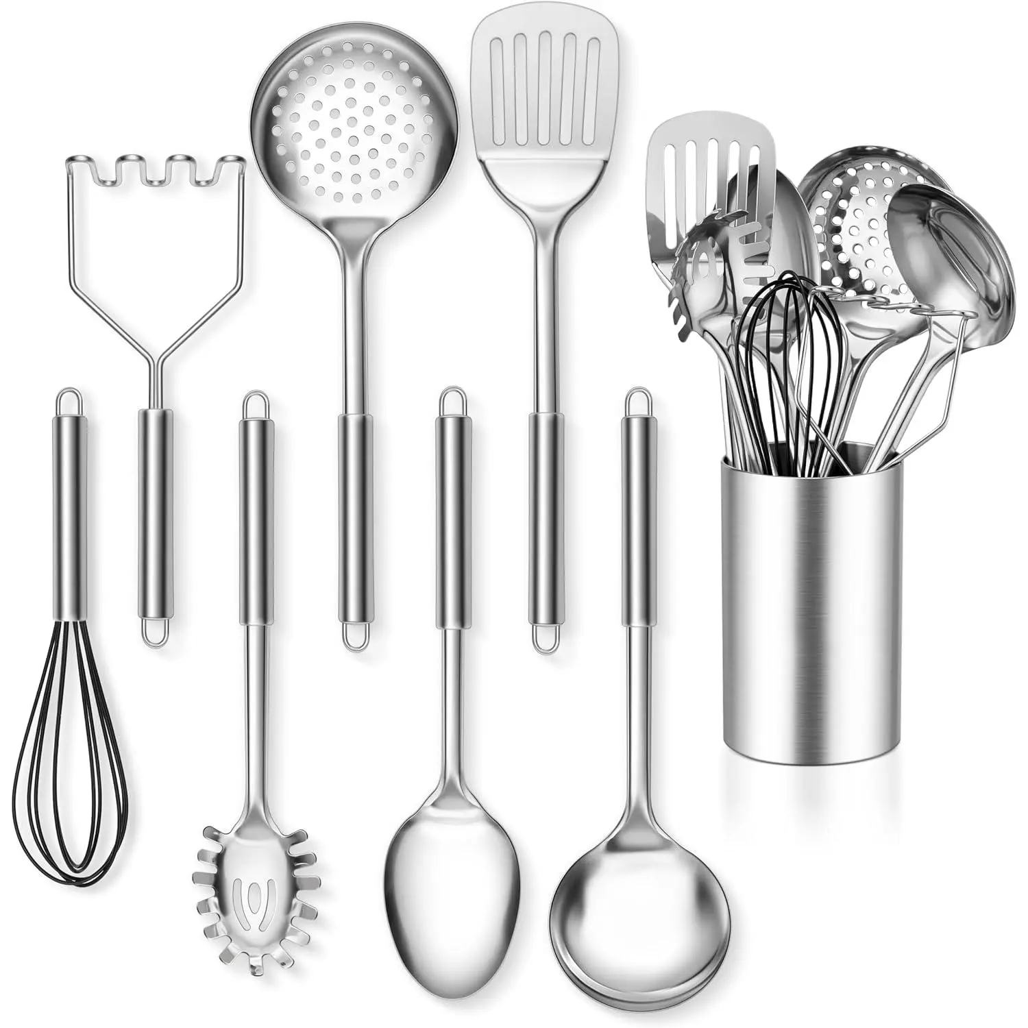 8 count Stainless Steel Kitchen Cooking Utensils Set with Holder | Metal Wok Spatula Ladle,  Kitchen Tools, Dishwasher Safe Cookware Accessories, Heat Resistant  Handle