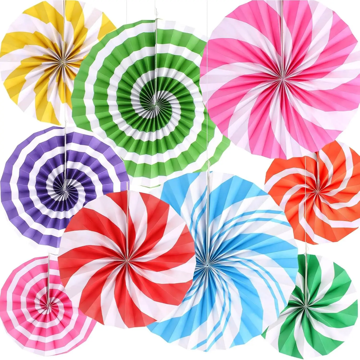 9-Count Colorful Candyland Themed Paper Fans Party Decorations Set, Easy-Assembly Backdrop Supplies for Classroom, Birthday, Wedding Festive Events