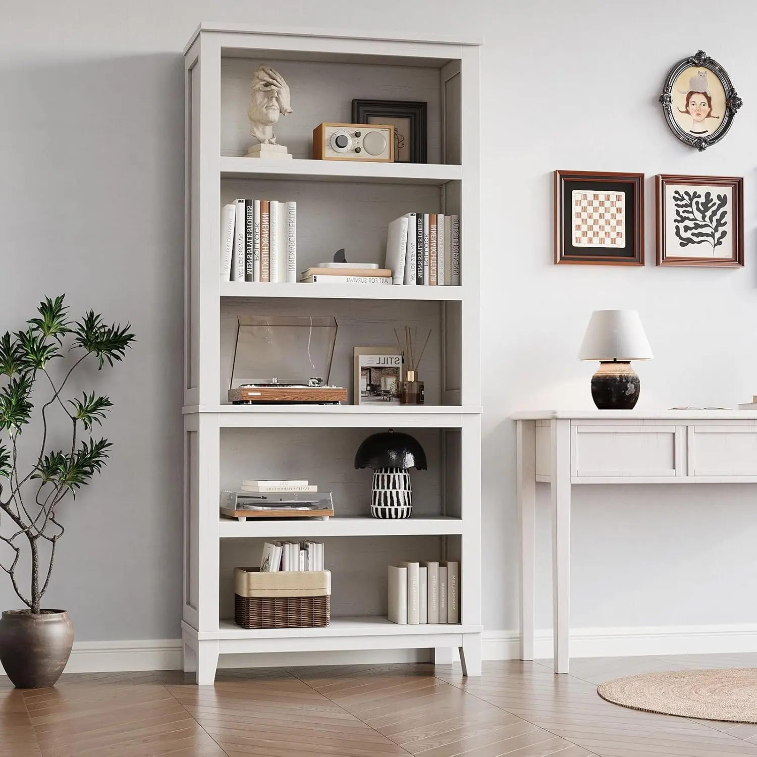 📖 Modern Farmhouse 5-Tier Bookcase – 5 adjustable shelves. No wobble, just wood. Sturdy display for Office or Bedroom ✨