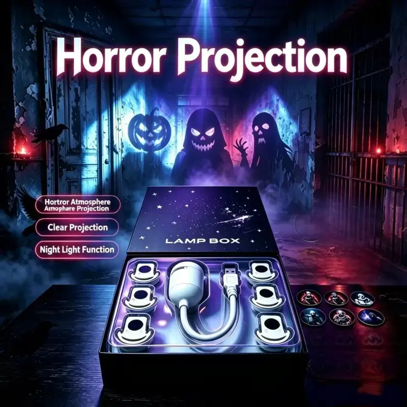Halloween Projection Night Light, comes with 12/24 scary face slides and powered by USB. It features a variety of terrifying patterns to create a creepy atmosphere, perfect for indoor Halloween parties, bedrooms and haunted house decorations.
