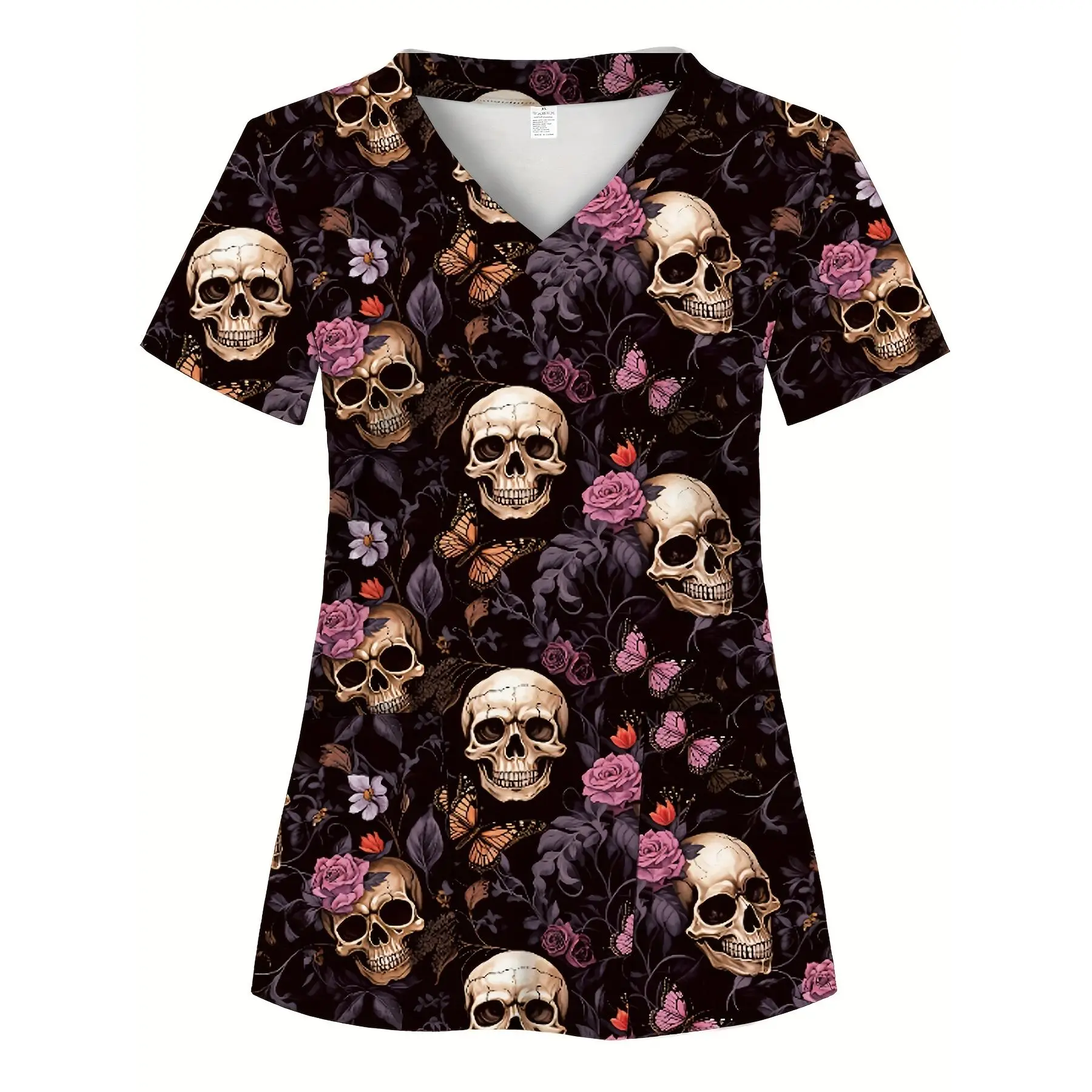 All-Over Print, Black Base, Skull Pattern, Two Pockets, Halloween, Women'S Scrub Top, Comfortable T-Shirt for Healthcare Professionals - Soft, Breathable, Practical Uniform, Suitable for Hospitals, Dental Clinics, Beauty Salons, And Facilities