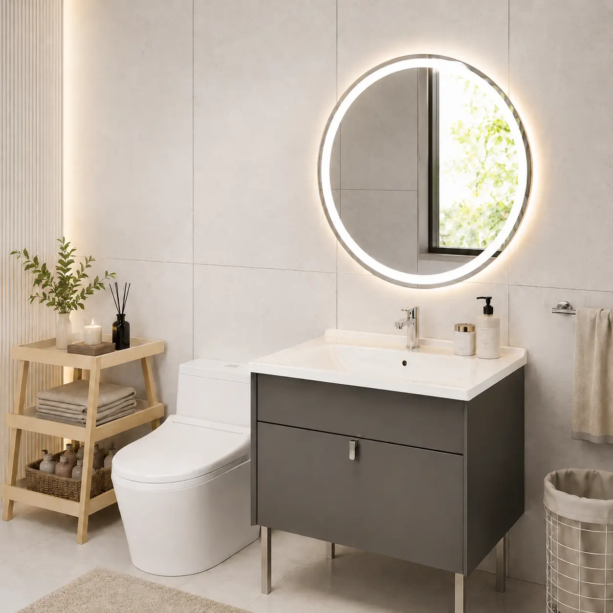 Round Smart LED Bathroom Mirror, Anti-Fog Wall-Mounted Vanity Mirror with Dual Light Rings, 3 Color Temperatures, Stepless Dimming & Memory Function, Modern Illuminated Makeup Mirror for Bathroom, Bedroom & Dressing Room