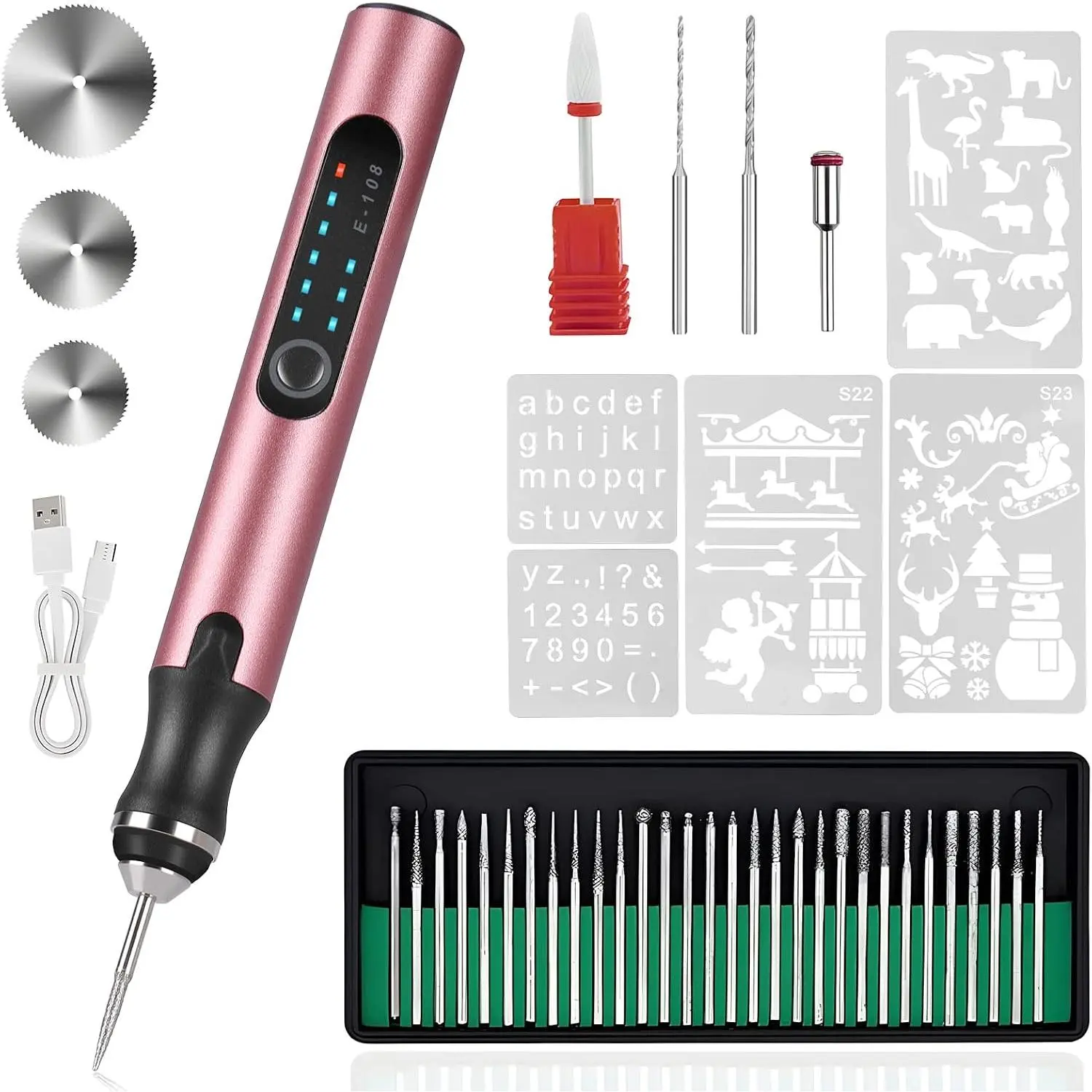 Electric Engraving Pen with 37 Bits, USB Engraving Machine, DIY Engraver for Jewelry Wood Stone Carving (Rose red)