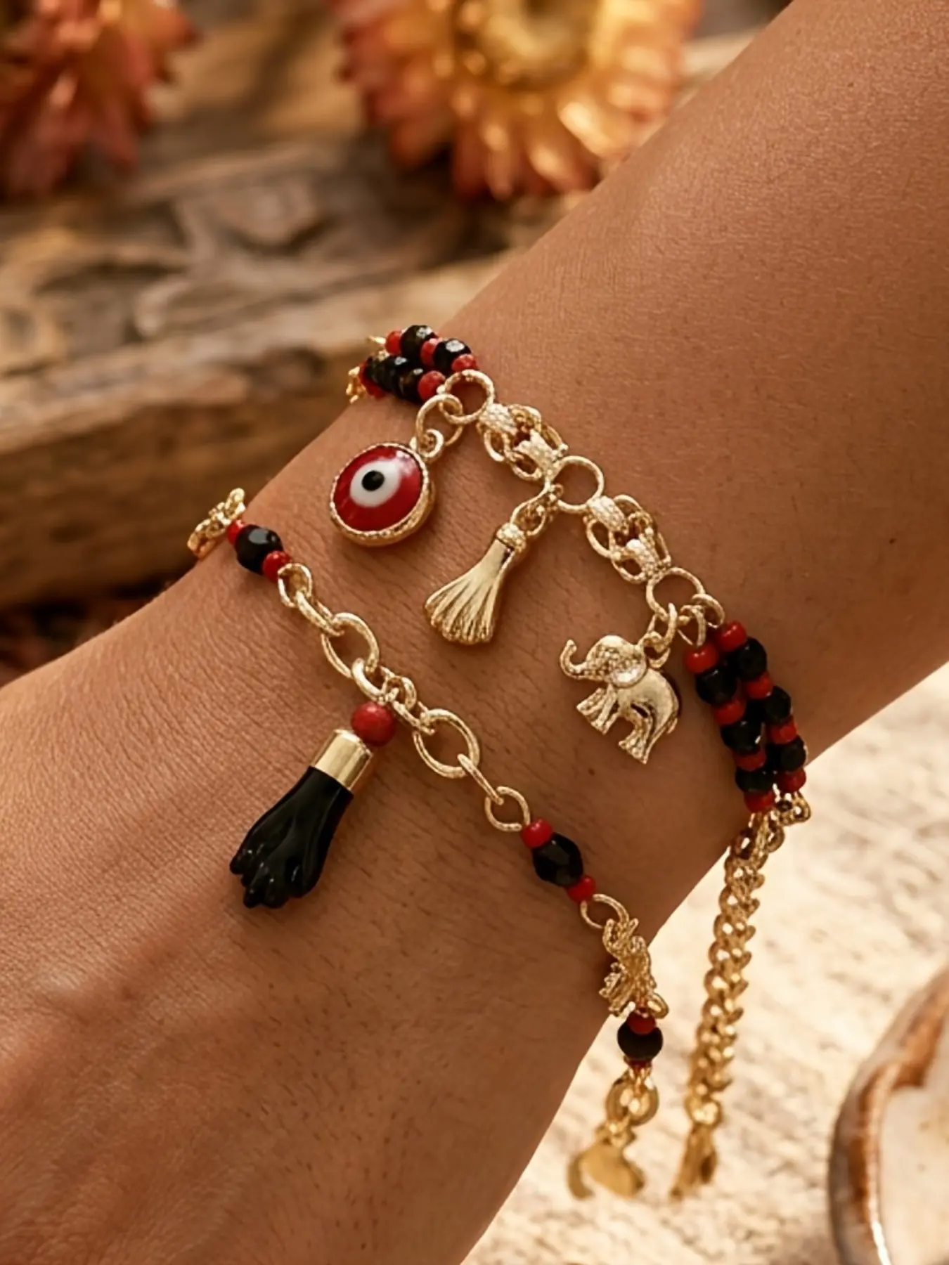 2 Pcs Elephant Fatima Hand Demon Eye Bracelets, Women's Fashion Jewelry, Bohemian Style Stackable, Perfect Gift for Holidays