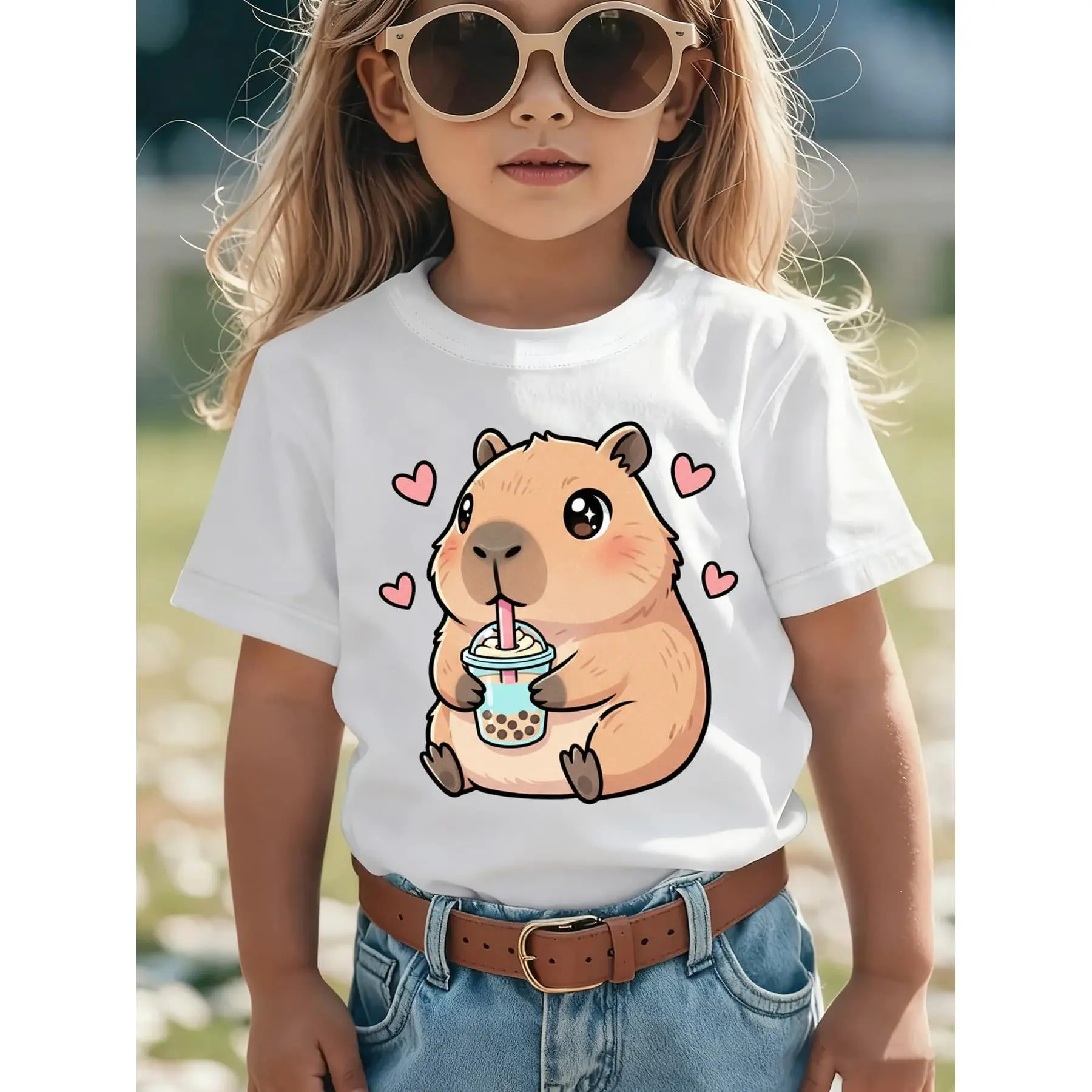 Summer Fashion Girls' Short-Sleeve T-Shirt with Cartoon Capybara Drinking Milk Tea Print, Casual Versatile Top NY-DX8565