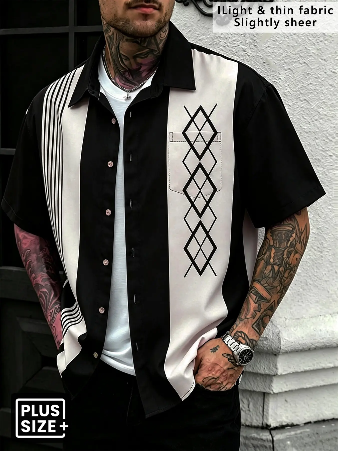 Plus Size Men's Black White Color Block Short Sleeve Casual Camp Collar Shirts, Vintage Argyle Striped Patchwork Work Pocket Button Up Shirts, Loose Summer Tops for Big Guys, Casual Trendy Shirt