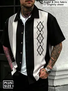 Plus Size Men's Black White Color Block Short Sleeve Casual Camp Collar Shirts, Vintage Argyle Striped Patchwork Work Pocket Button Up Shirts, Loose Hip Hop Streetwear Summer Tops for Tall Big Guys, Menswear