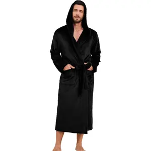 Mens Hooded Fleece Robe, Lightweight Soft Warm Fleece Bathrobe Shower Spa Long Robe With PocketsGift.