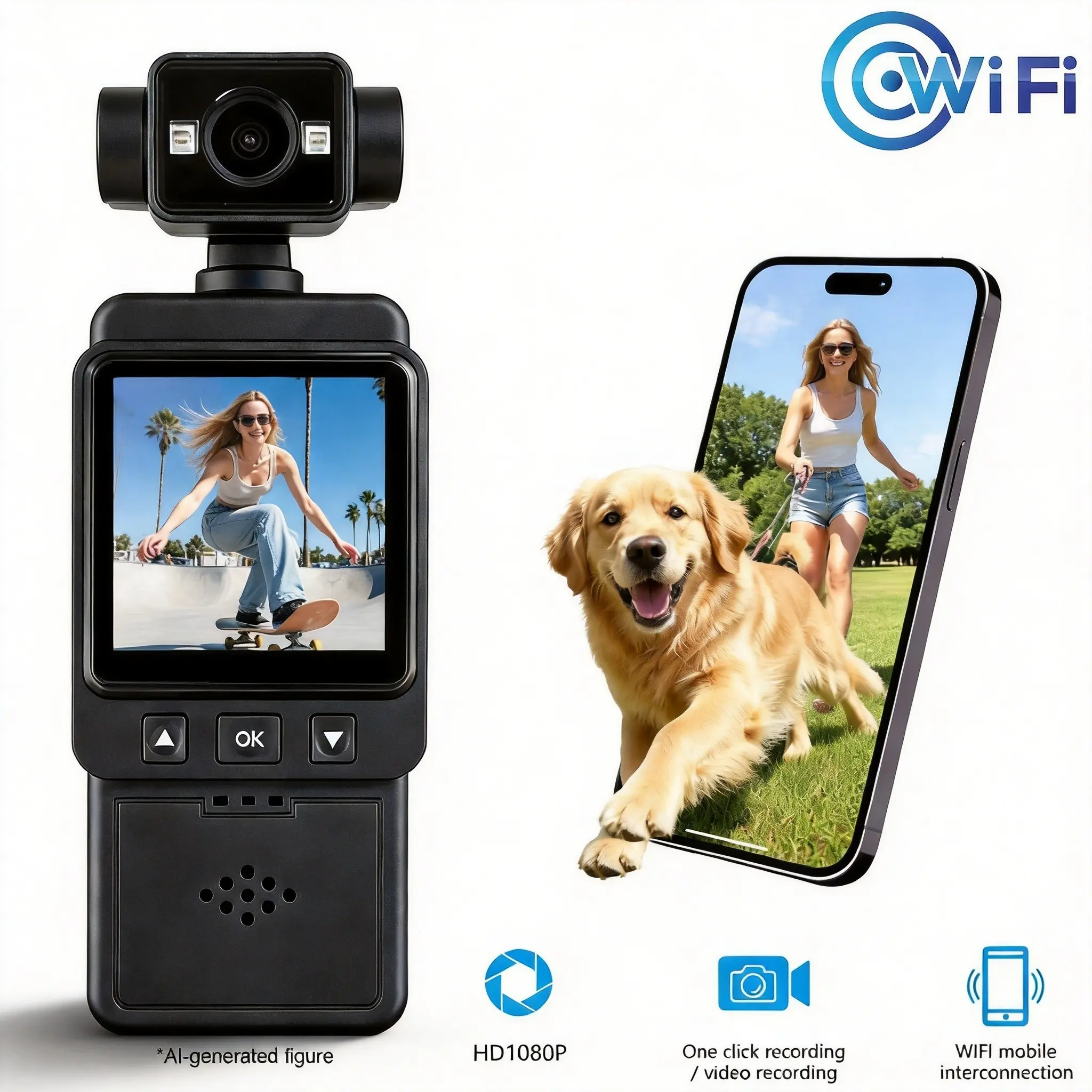 Portable Action Camera, HD Body Camera with 270° Rotation Lens, Wearable POV Vlogging Camera with Audio & Video Recording for Sports, Travel, Hiking,Daily Us,Gift for Men Women