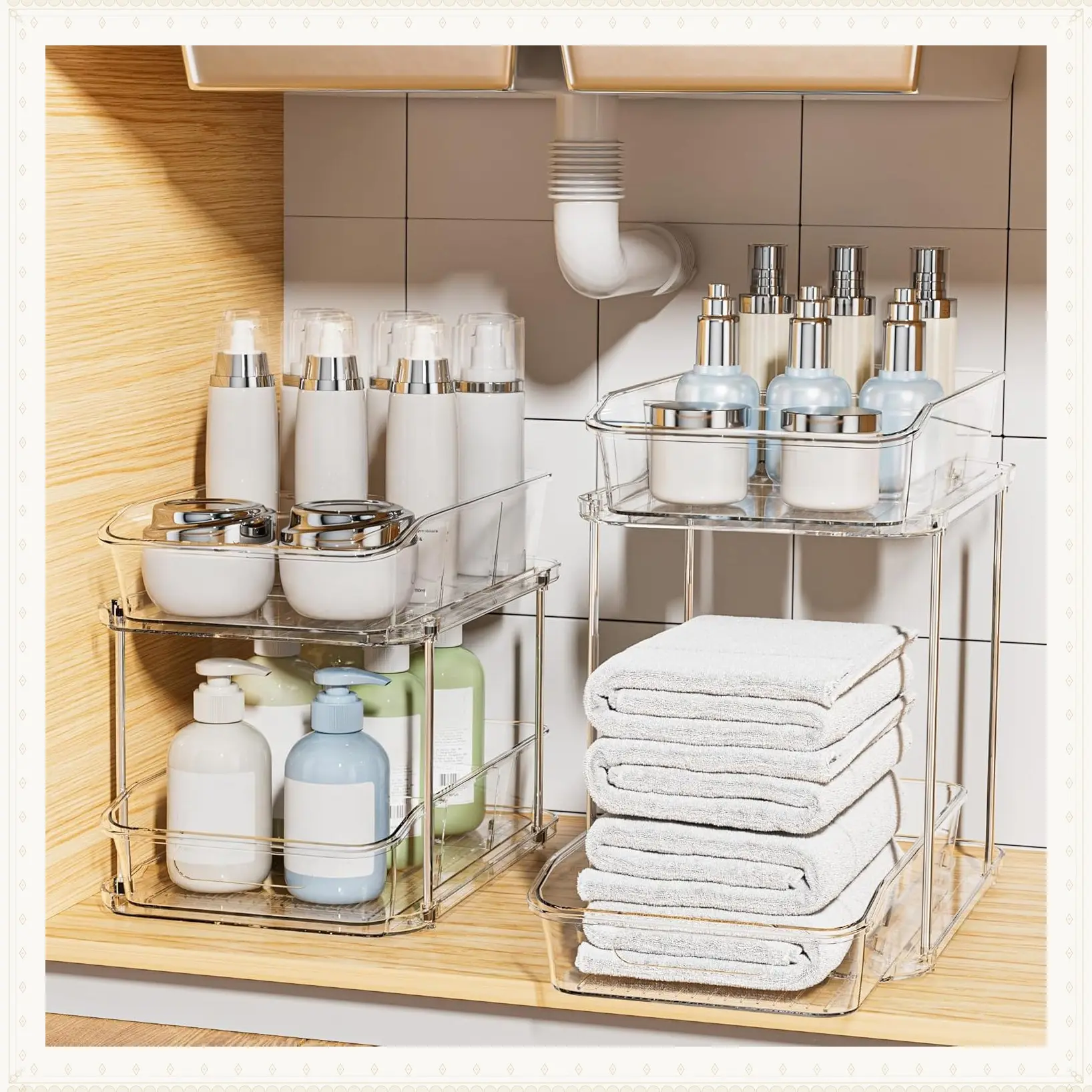 2-Pack Clear 2-Tier Under Sink Organizer with Dividers, Stackable Pull-Out Storage for Bathroom, Kitchen, and PantryGift