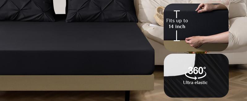 Queen Comforter Set of 7 Pieces-Bed in a Bag for Queen Size, All Season, Pintuck Bedding with Comforter, Flat Sheet, Fitted Sheet, Pillowcases and Shams, Black