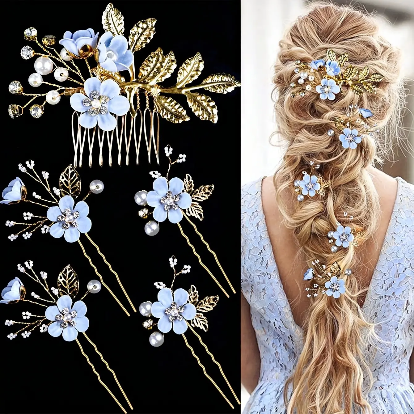 5-Piece Light Blue Flower Hair Comb Clips, Bridal Wedding Headpieces, Elegant Hair Accessories for Brides, Hair Styling, Perfect for Special Occasions