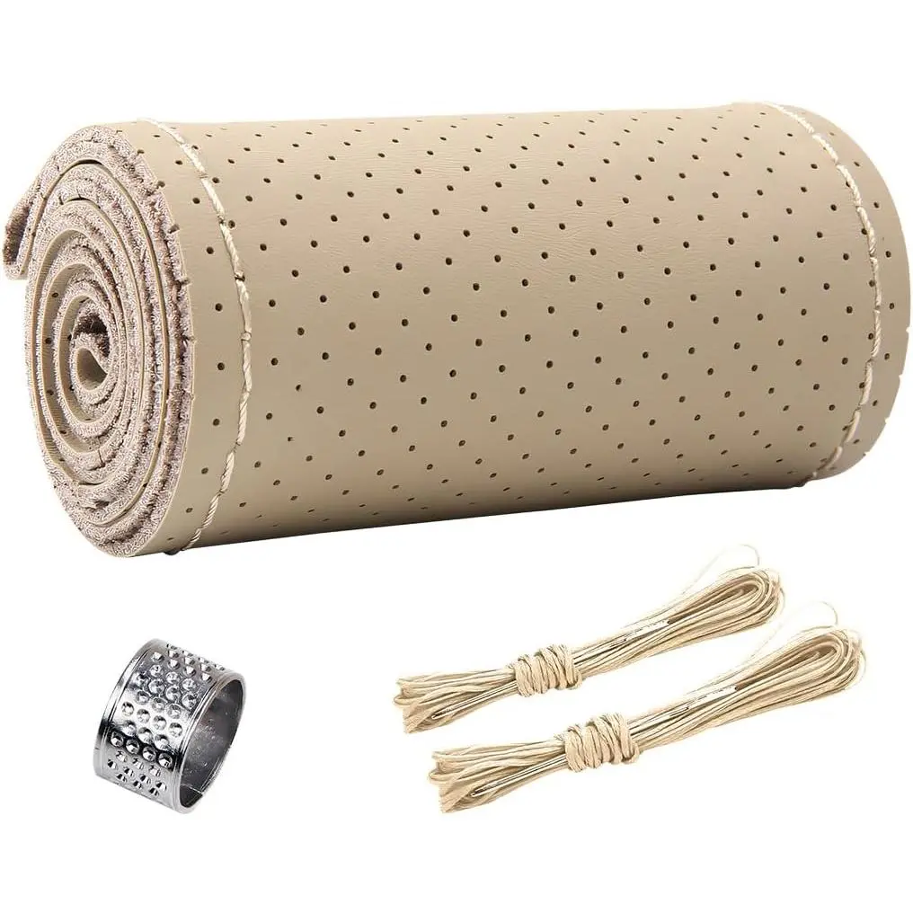 Steering Wheel Cover, Anti-Slip Breathable  Steering Wheel Stitching Wrap, DIY Sewing with  Thread, 15 Inch   Wrap  Steering Wheel Cover (Beige, Hole)