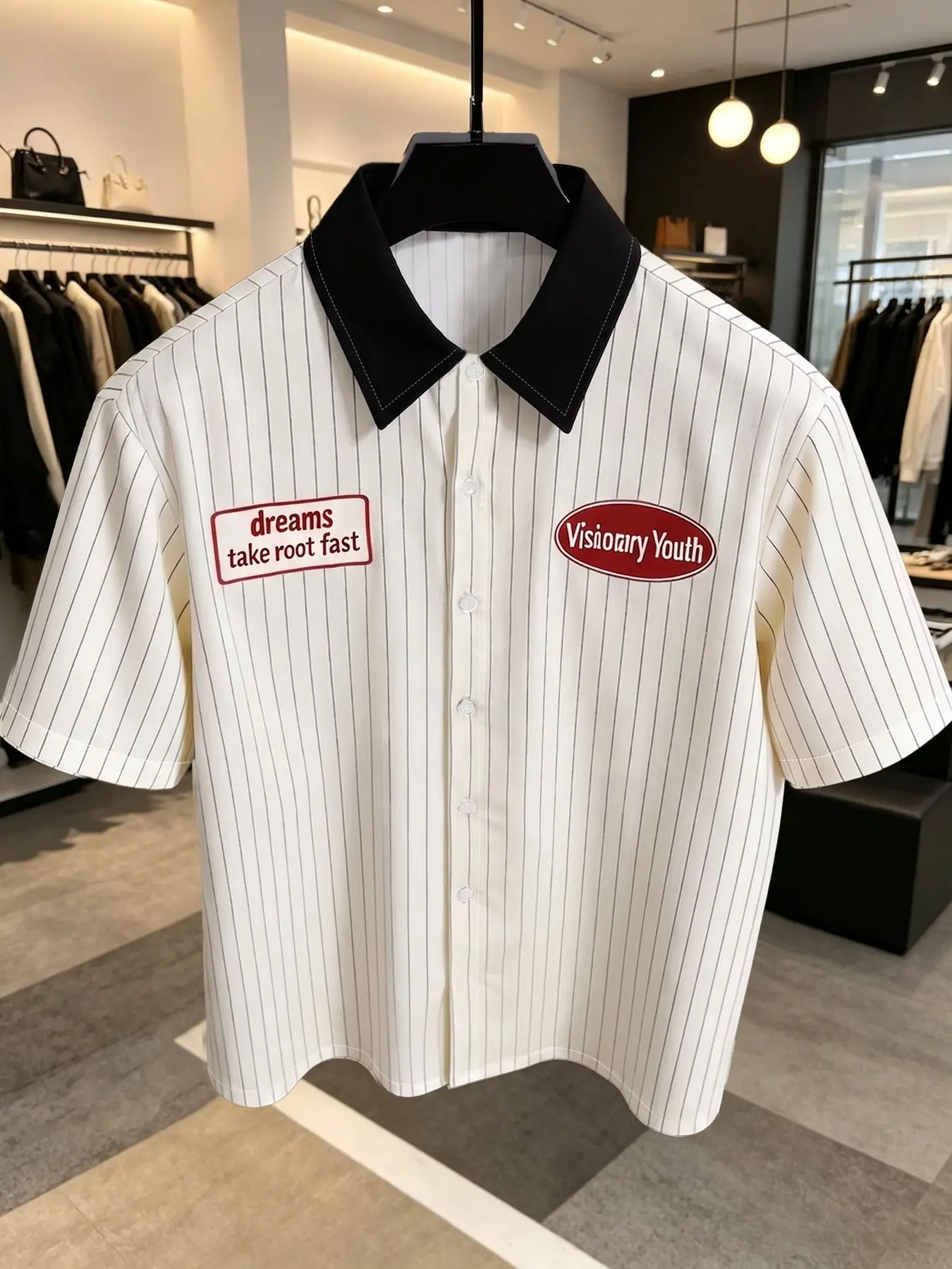 Vintage Classic Plaid Patchwork Stripe Men's Short Sleeve Blouse Shirt, Loose Fit American Street Style Casual Striped Top, Pop Art Print, with Button, with Collar, Menswear