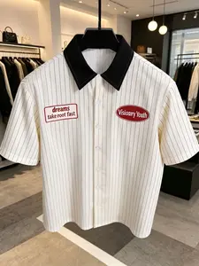 Vintage Plaid Patchwork Men's Short Sleeve Blouse, Loose Fit American Street Style Casual Top, Pop Art Print, with Button, with Collar, Menswear