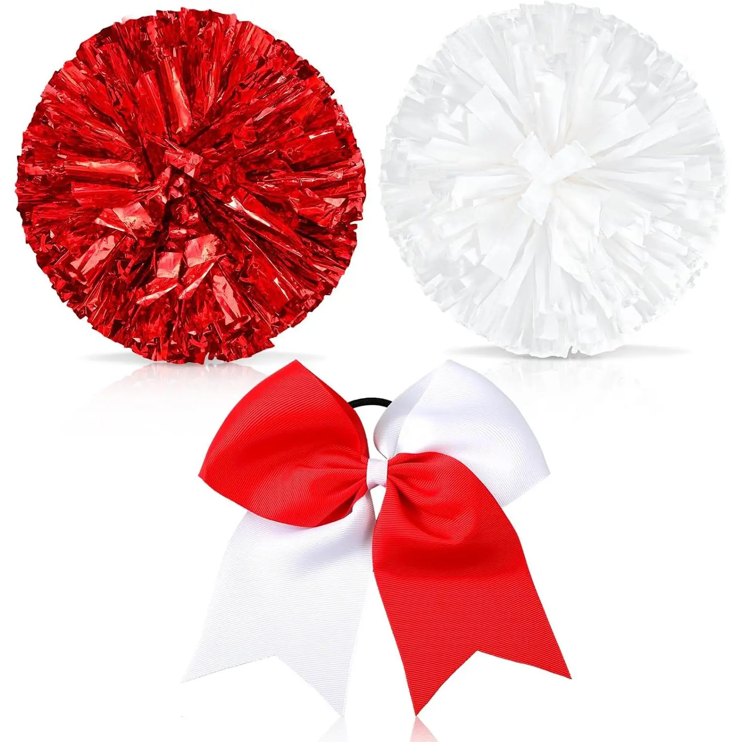 Set of 3 12 Inch Cheerleading Pom Poms and Large Cheerleader Ponytail Bow Holder for Girl Large Metallic Cheerleader Pom Poms for  Team Cheering (Red and White)