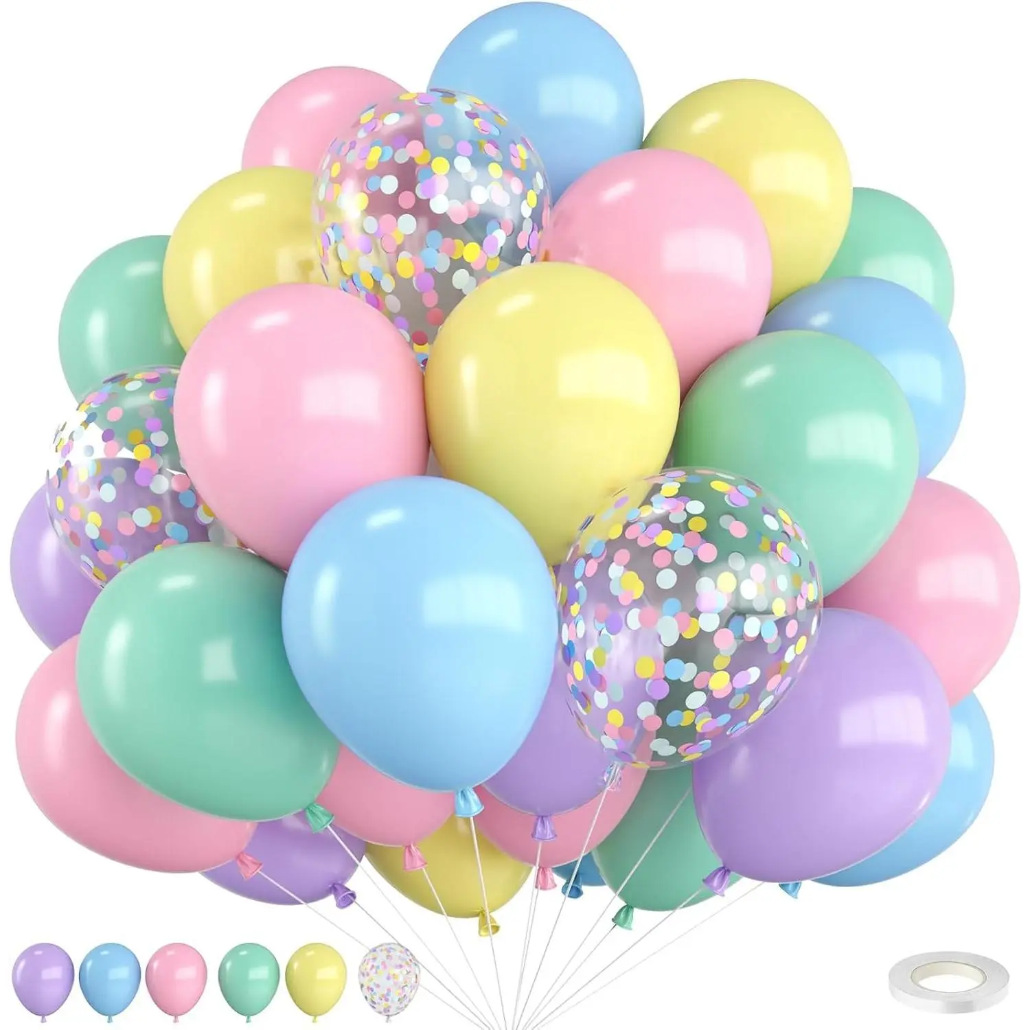 12 Inch Rainbow Macaron Pastel Balloons with Ribbon - Colorful Confetti Balloons for Birthday, Baby Shower, Tea, Ice Cream, Engagement Party Decorations in Pink, Blue, Purple, Green, YellowGift