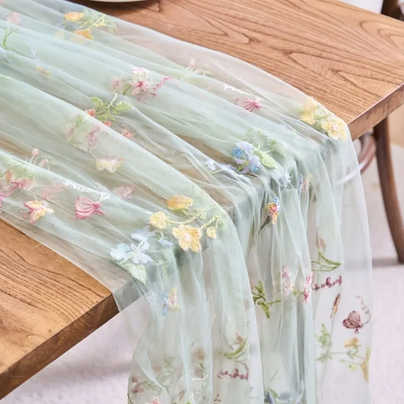 1PC Sage Green Embroidered Lace Table Runner with Butterflies, Sheer Tulle French Vintage Table Scarf, Romantic Wedding Party Decor for Anniversary, Garden Tea Party, Ramadan & Photography