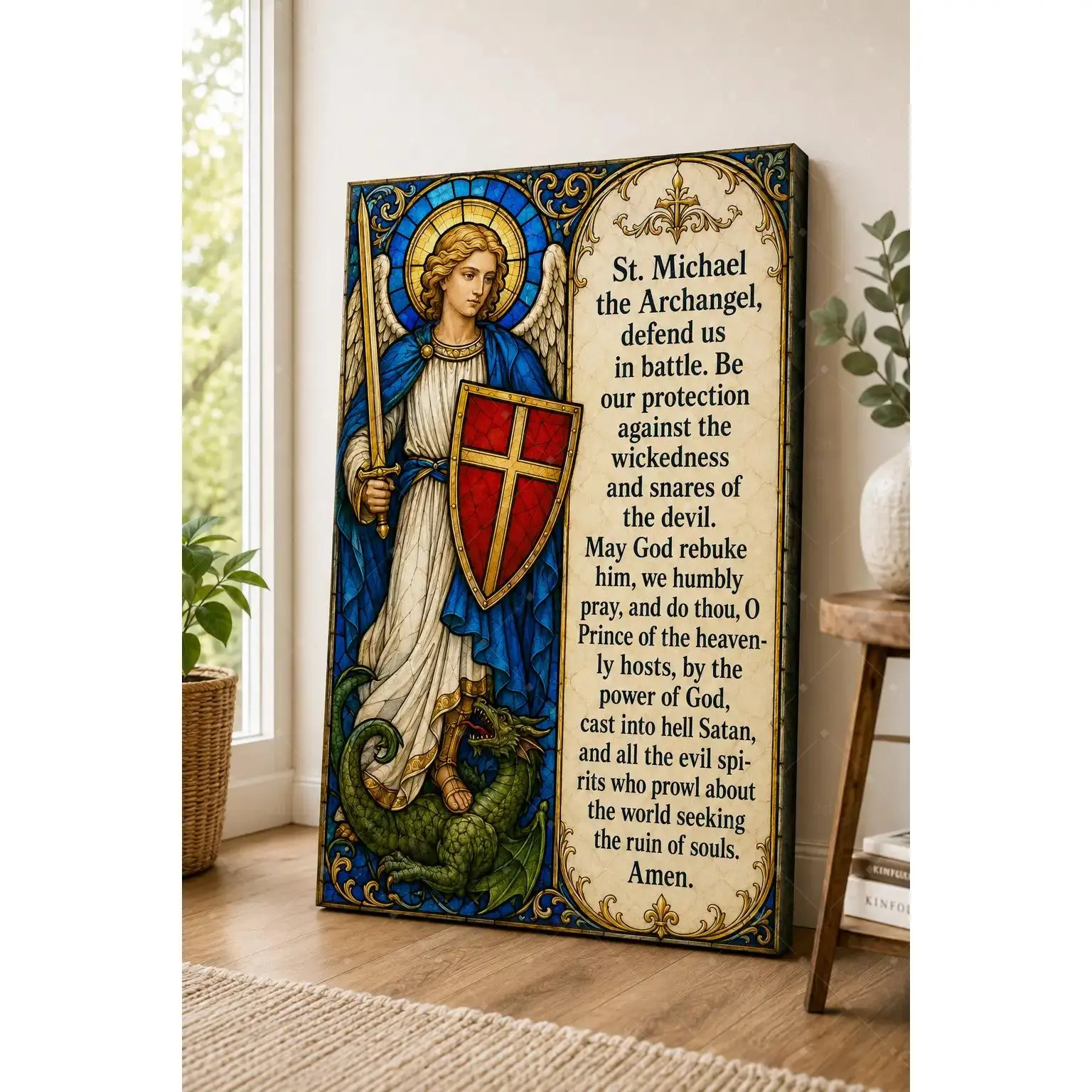 St. Michael Prayer Wooden Canvas Wall Art - Archangel Religious Poster Print, Christian Decoration for Living Room, Unframed Poster or Framed Canvas Wrap, Ideal Christian Gift