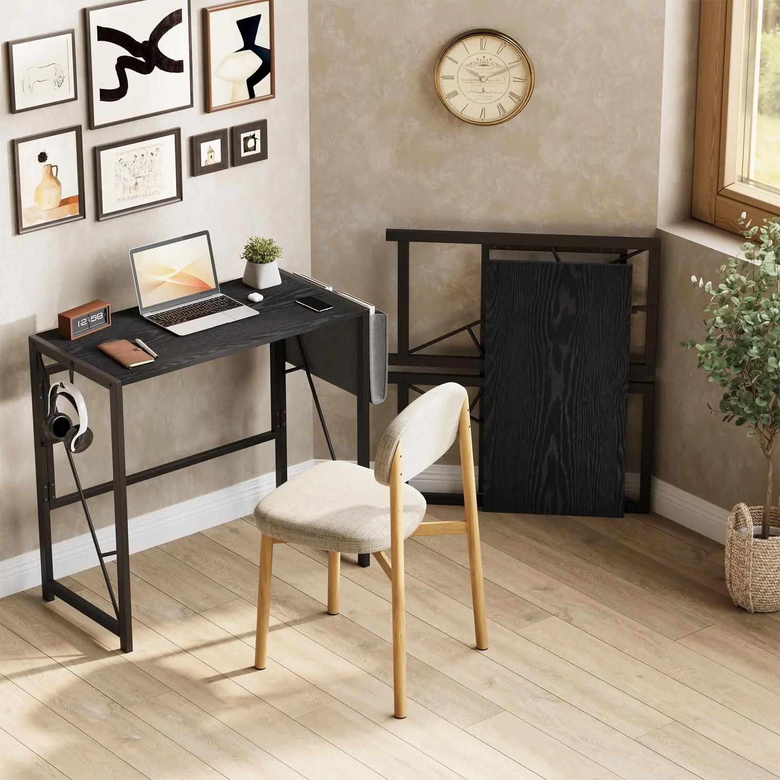 31.5 Inch Foldable Computer Folding Desk, Compact Writing Workstation with Storage Pocket & Dual Headphone Hooks, Quick Fold Space-Saving Table, Holds Up to 120 Lbs for Bedroom, Dorm and Home Office, Black