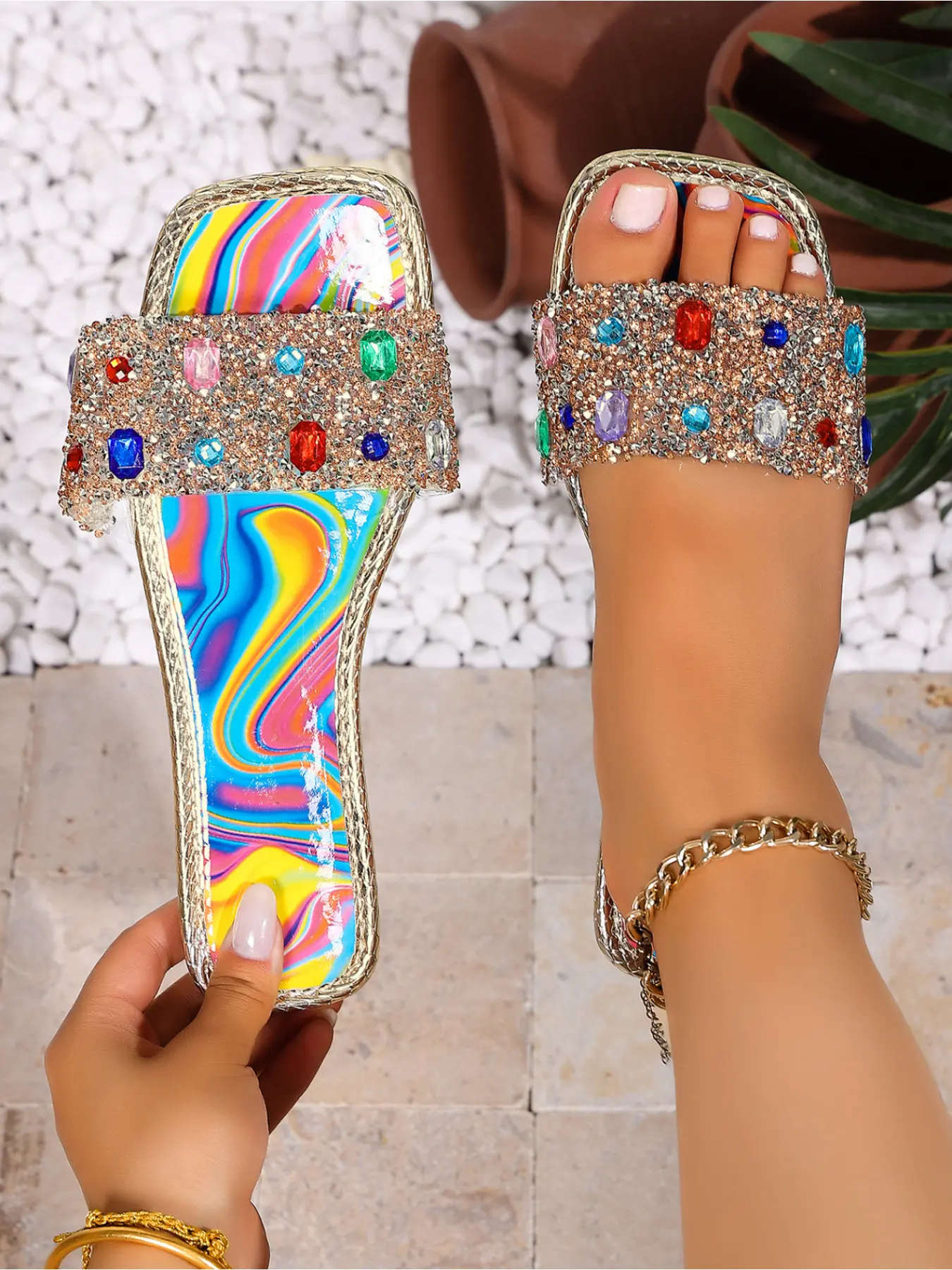 Multicolor Rhinestone Glitter Women Slide Sandals - Square Toe Rainbow Insole Slip On Summer Flats Chic Summer Footwear