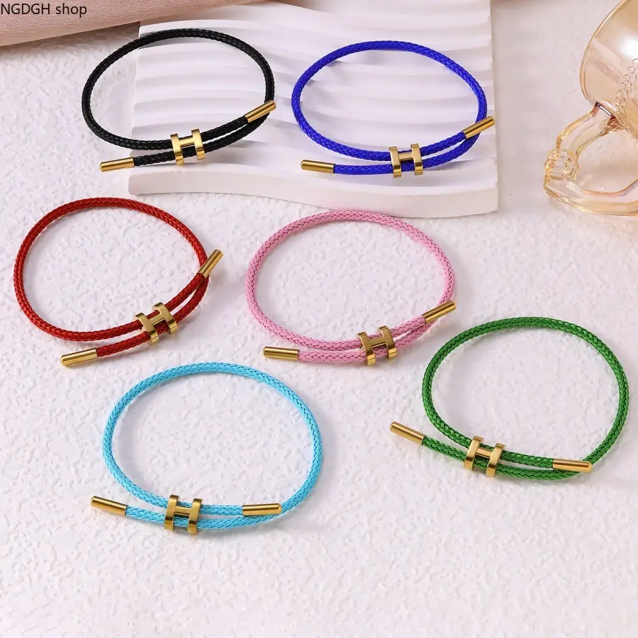 Trendy Slider Clasp Rope Bracelet,Multi‑Color Adjustable Braided Woven String Wristband,Gold‑Tone H‑Shape Metal Lock Bracelet,Lightweight Stackable Fashion Wrist Jewelry,Ideal Friendship Gift For Women Daily Wear Festival Occasions